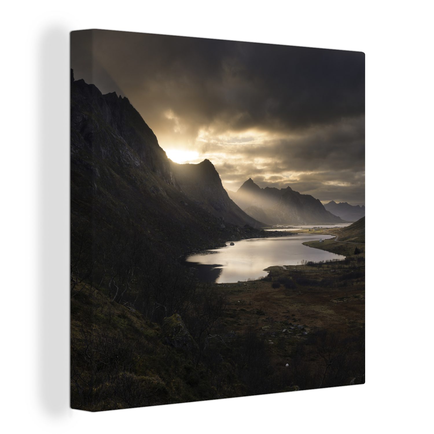 OneMillionCanvasses® Leinwandbild Die letzten Sonnenstrahlen fallen über die Lofoten Norwegen, (1 St), Leinwand Bilder für Wohnzimmer Schlafzimmer