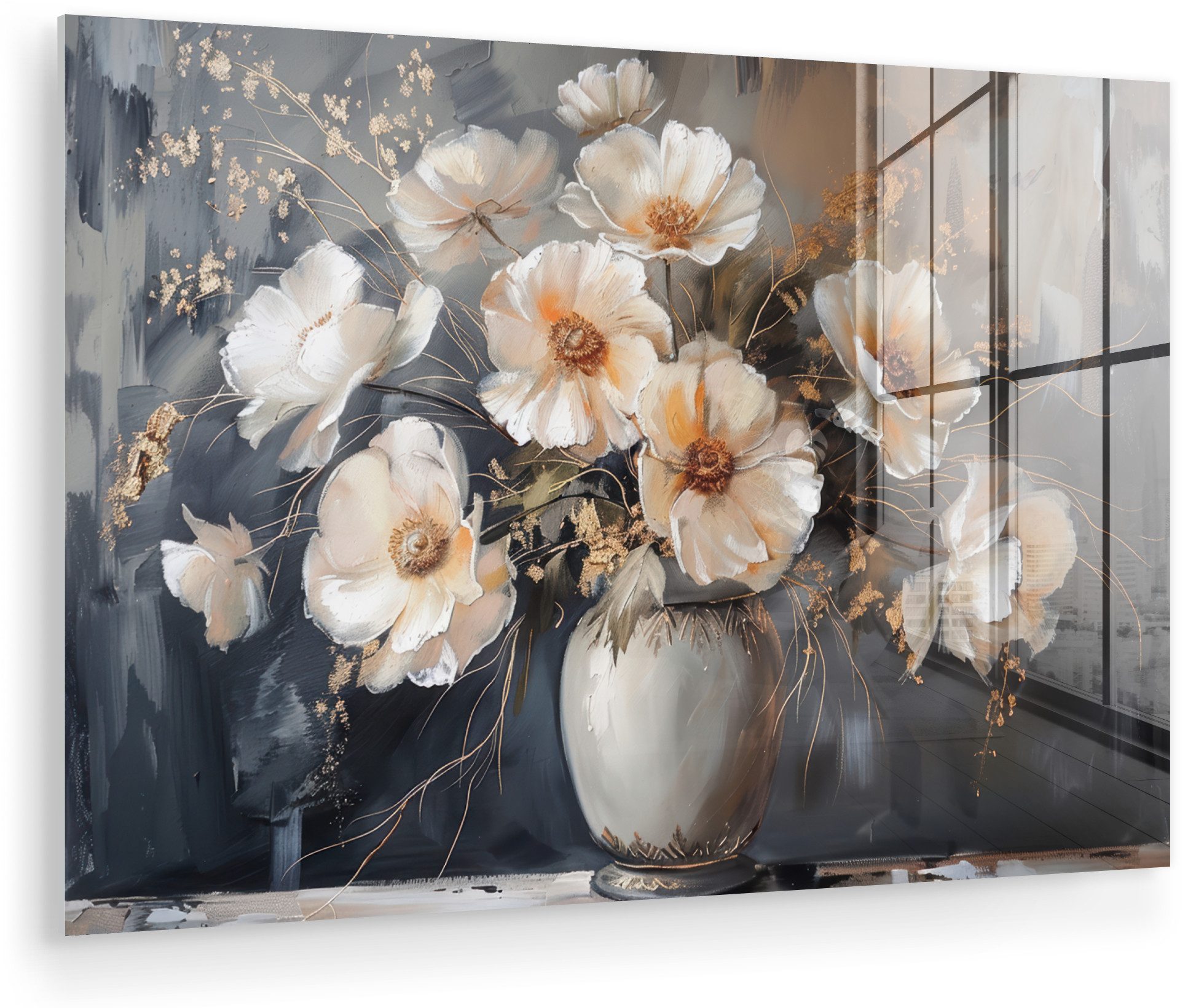 MuchoWow Acrylglasbild Blumen - Weiß - Vase - Modern, Inkl. Aufhängung, Glasbilder Wohnzimmer, Schlafzimmer, Flur & Esszimmer, 30x20 cm