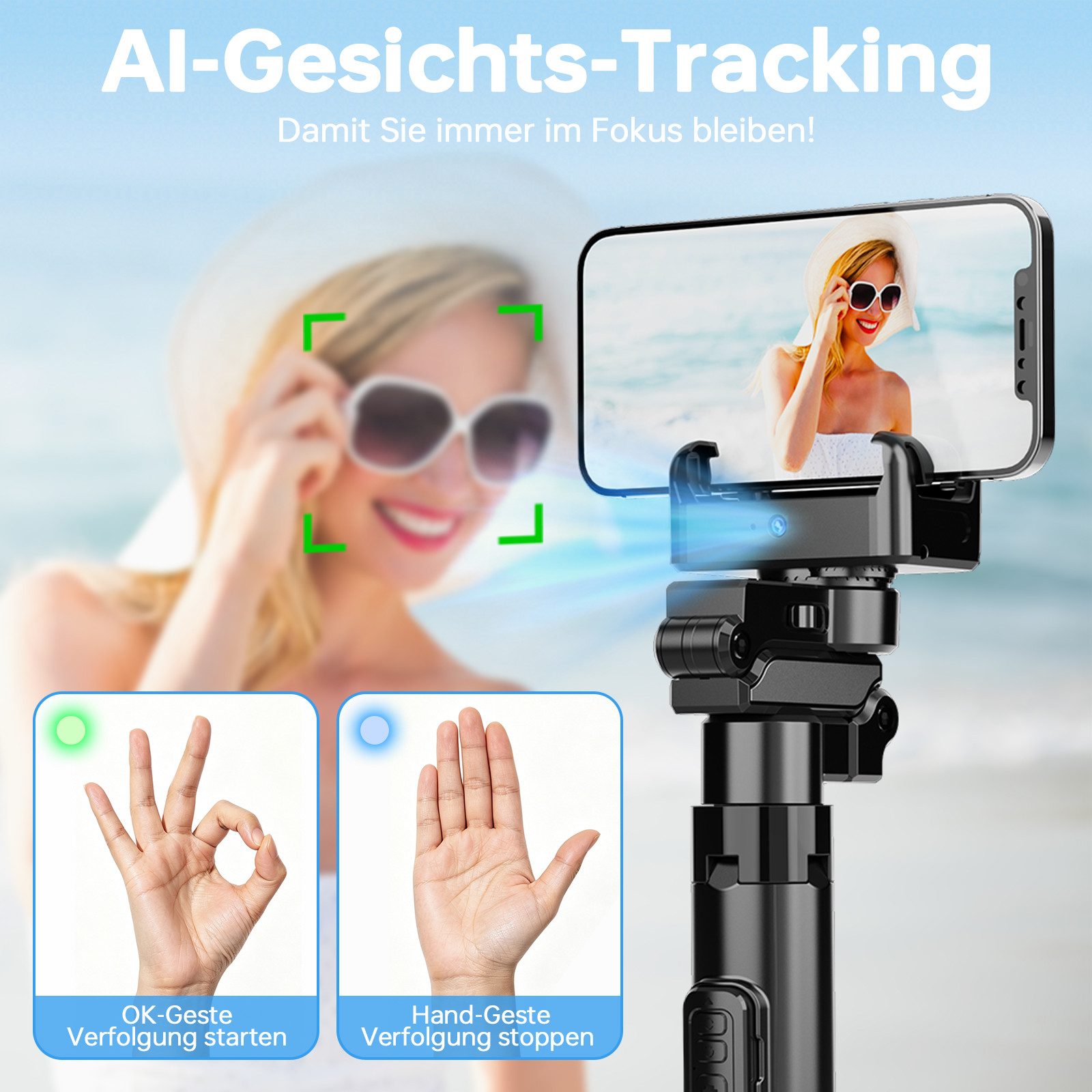 DESUO Selfie-Stick Handy Stative mit AI Tracking 360° Automatischer Gesichtsverfolgung, Mit Fernbedienung & Licht, Handyhalterung Gimbal für Vlog/Live-Stream