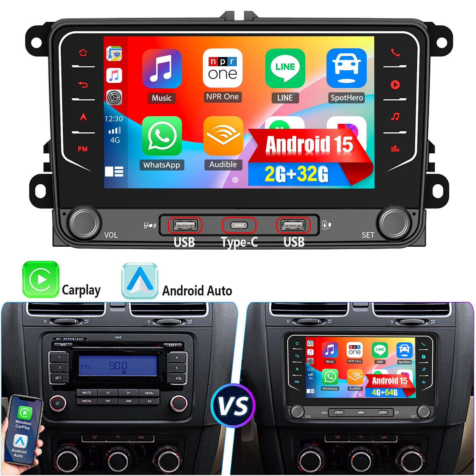 ESSGOO Für VW GOLF 5 6 Touran EOS Tiguan Polo 6R Passat Caddy 7" Android 15 Autoradio (DAB (optional), DAB+ (optional), 4+64G(optional), FM, RDS, Carplay Android Auto DAB (optional), RDS, FM, 4+64GB, SWC, GPS NAVI)