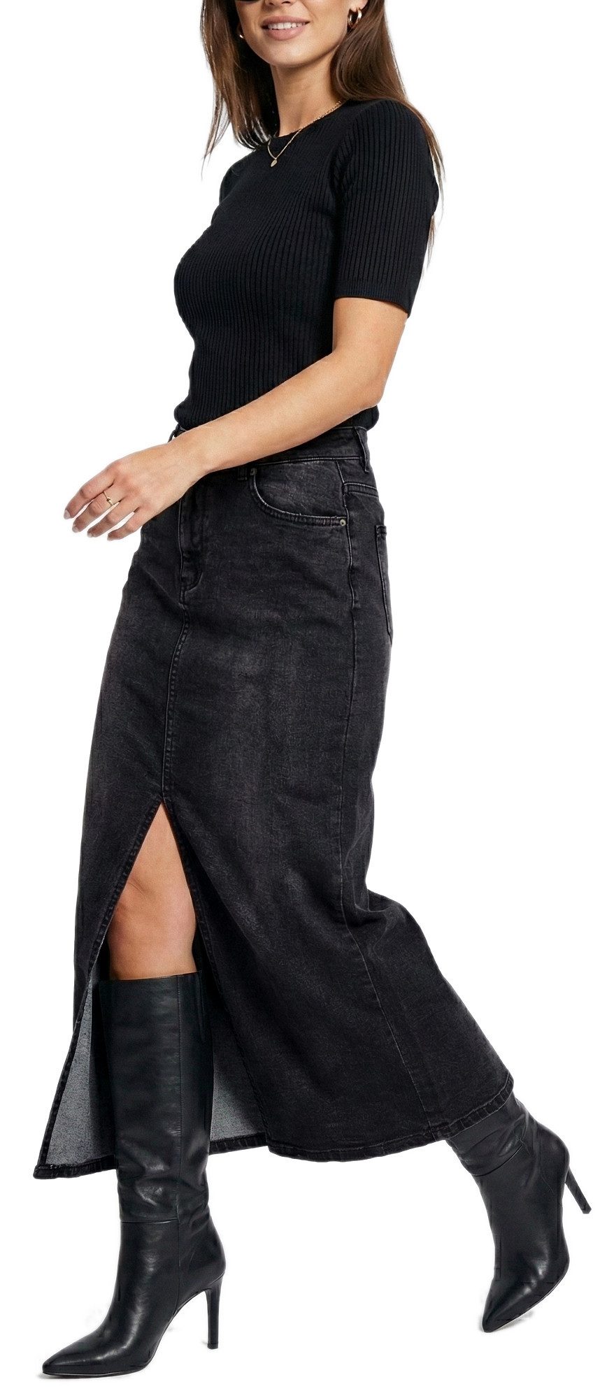 dy_mode Jeansrock Damen Jeans Maxirock High Waist mit Frontschlitz Schwarze günstig online kaufen