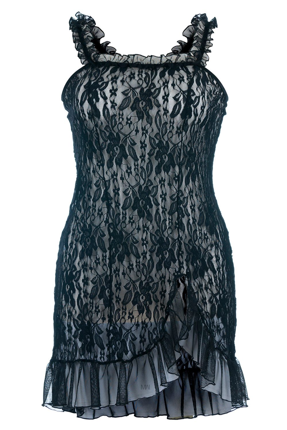 Negligé Schwarzes Spitzen Chemise transparent mit Strumpfband Damen Negligee X