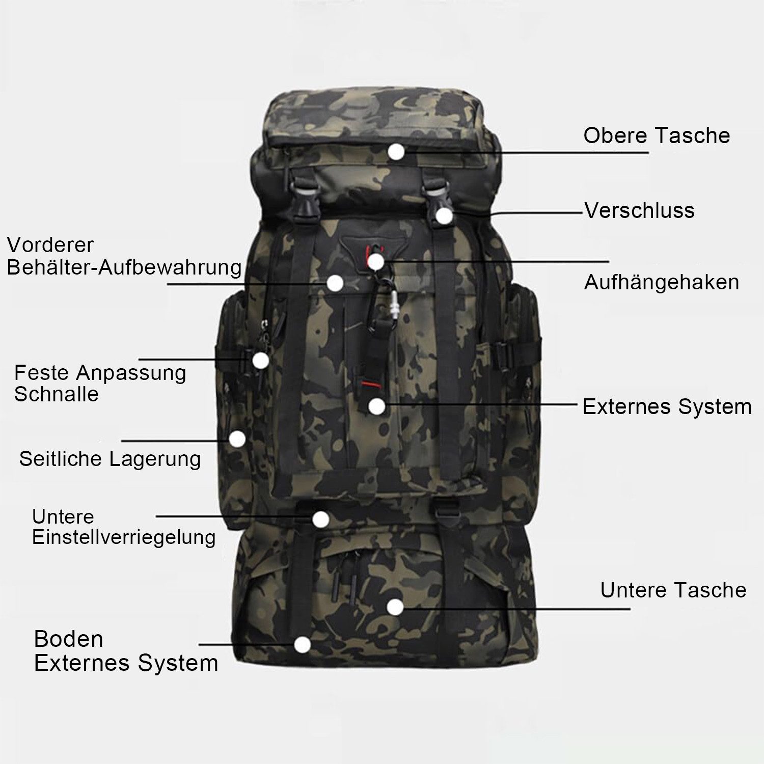 OKWISH Wanderrucksack Reiserucksack Sportrucksack Rucksäcke Taktischer Rucksack Wasserdicht (80L Camping Outdoor leicht Trekkingrucksack, 1-tlg., verstellbarer Brustgurt, Separatem Schuhfach, mit Laptopfach), für Herren Damen Teenager Freizeit Arbeit Bergsteigen Jagd Trekking