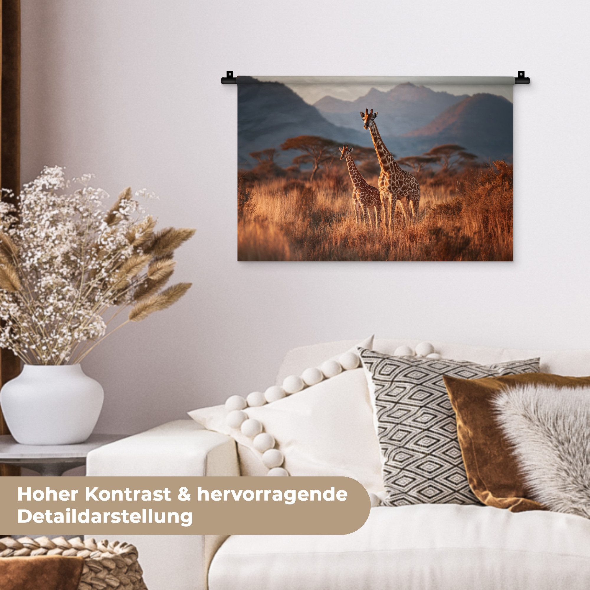 MuchoWow Wandteppich Giraffen - Hohes Gras - Akazienbäume, Rechteckig, Höhe: 3 mm, Wandteppich für Wohnzimmer, Schlafzimmer, 60x40 cm