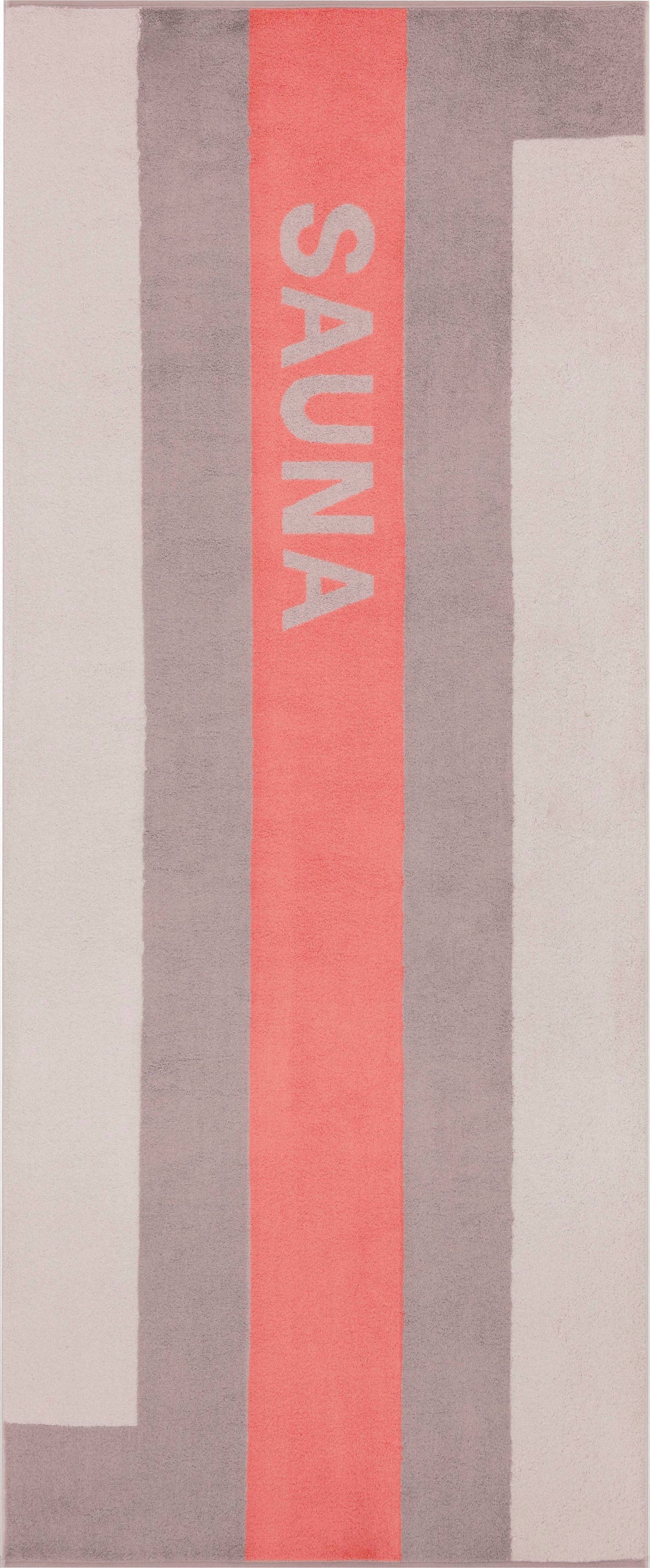 Cawö Saunatuch Streifen, Walkfrottier (1-St), mit farbigem Streifen & Schriftzug graphit-rot