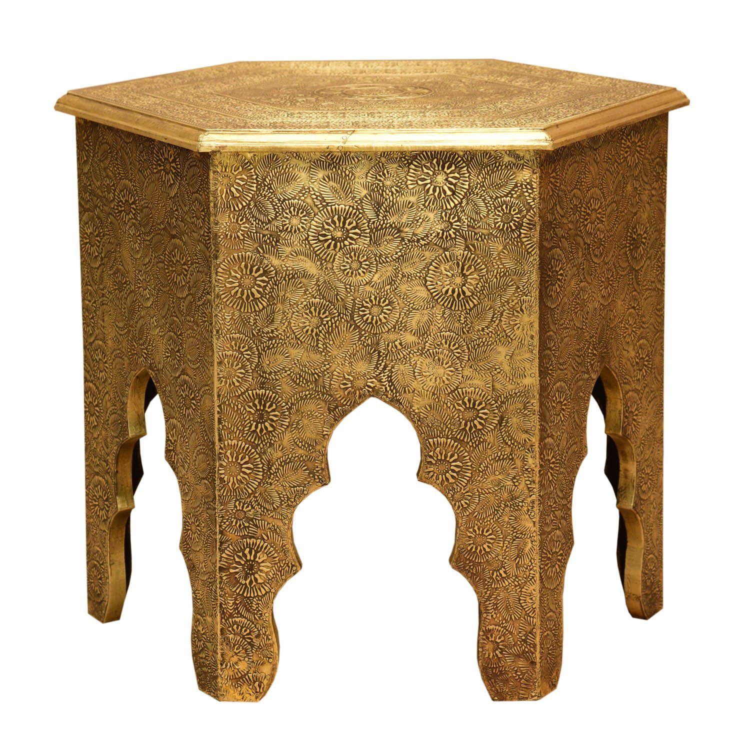 Casa Moro Beistelltisch Orientalischer Couchtisch Targa Höhe Ø 46cm (Holz Tisch komplett mit Messingintarsien verkleidet), in Antik Gold Look marokkanischer Sofatisch sechseckig