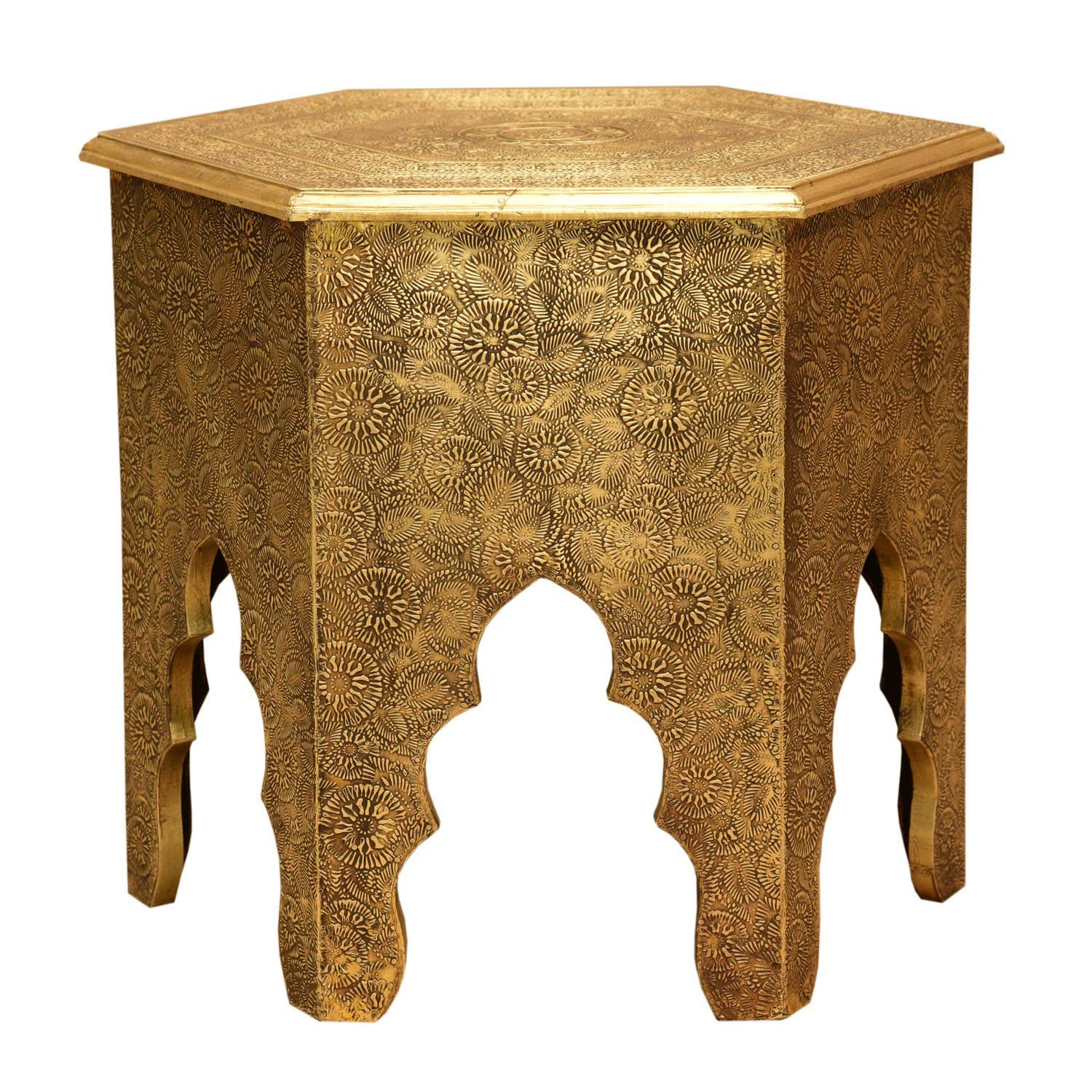 46cm Sofatisch verkleidet), Casa Höhe sechseckig Couchtisch komplett Orientalischer Antik marokkanischer Messingintarsien (Holz mit Moro Beistelltisch Tisch Targa Gold in Ø Look