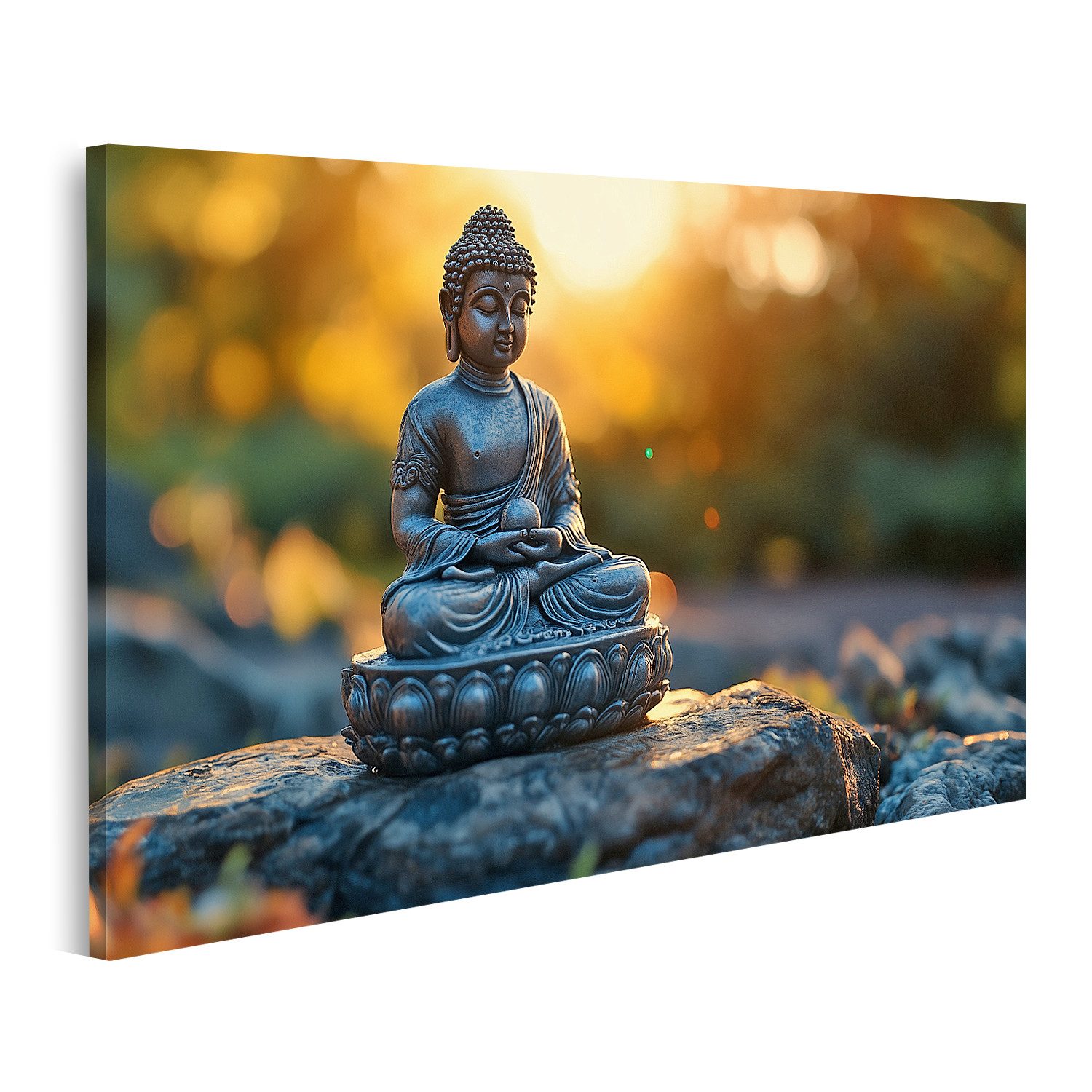 islandburner Leinwandbild Buddha Statue bei Sonnenuntergang im Garten