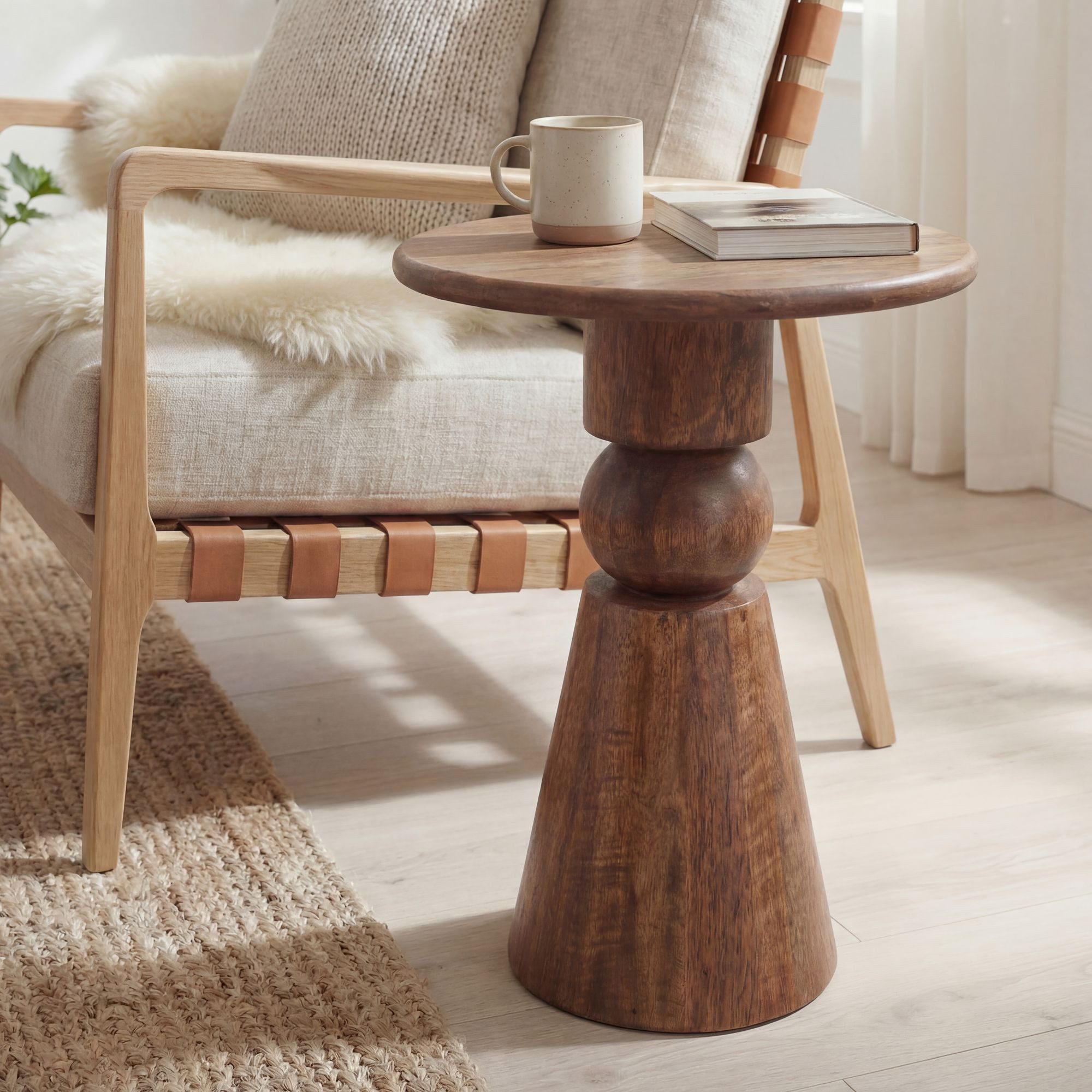 FINEBUY Beistelltisch FB116581 Anstelltisch Mango Massivholz 35 cm Ablagetisch rund modern (Geometrisches Kunstwerk aus echtem Holz), Komplett aus massivem Mangoholz gefertigt