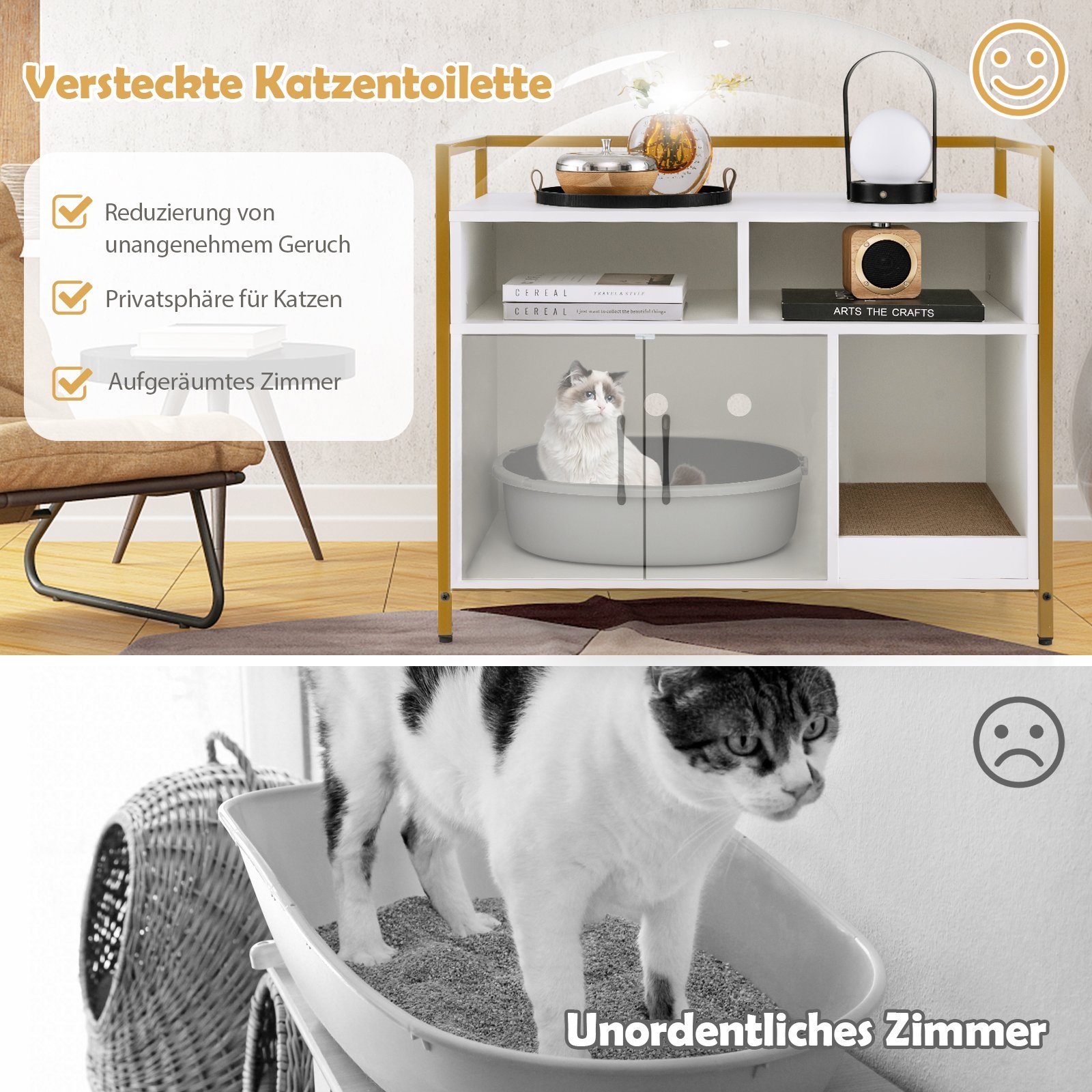 COSTWAY Tierhaus Katzenhaus, Katzenhöhle, mit offenem Regal & 2 Fächern