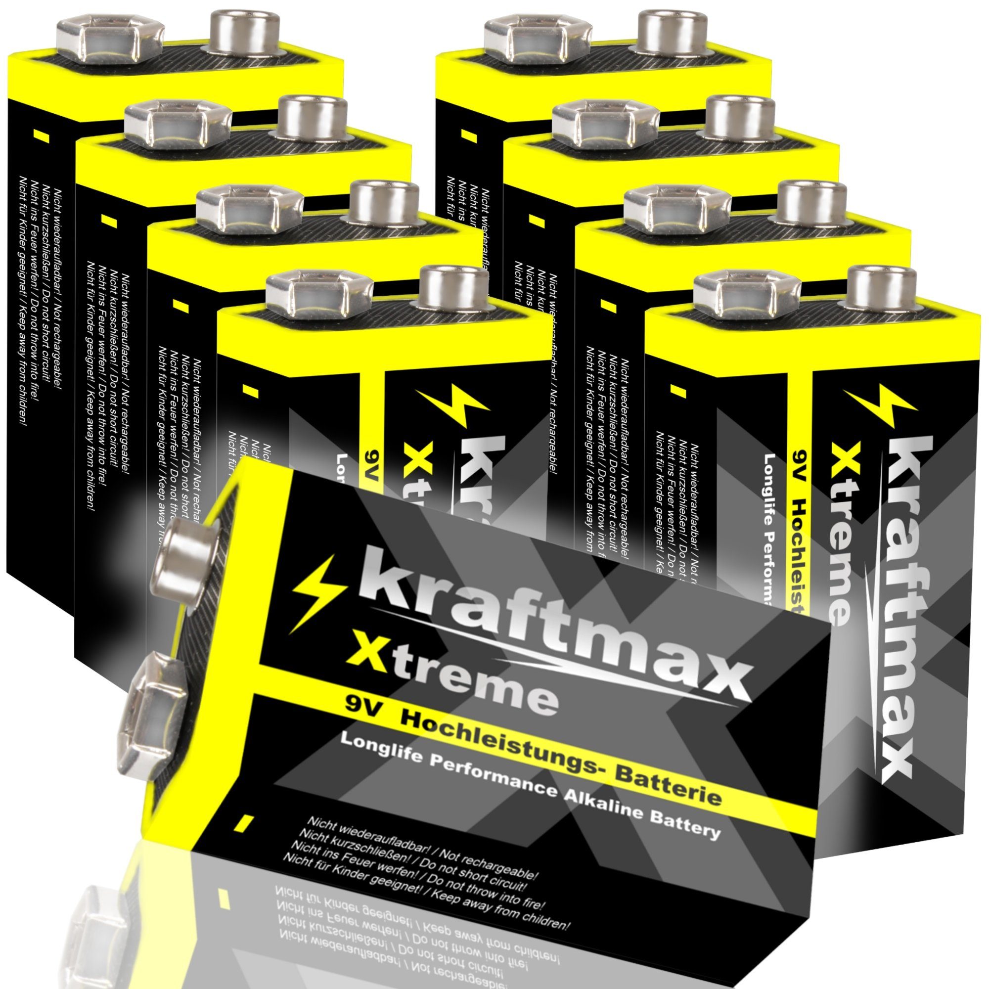 kraftmax 8er Pack Xtreme 9V Block Longlife Batterien 6LR61 9 Volt Batterie, 6LR61 / E-Block / MN1604 (9 V V)