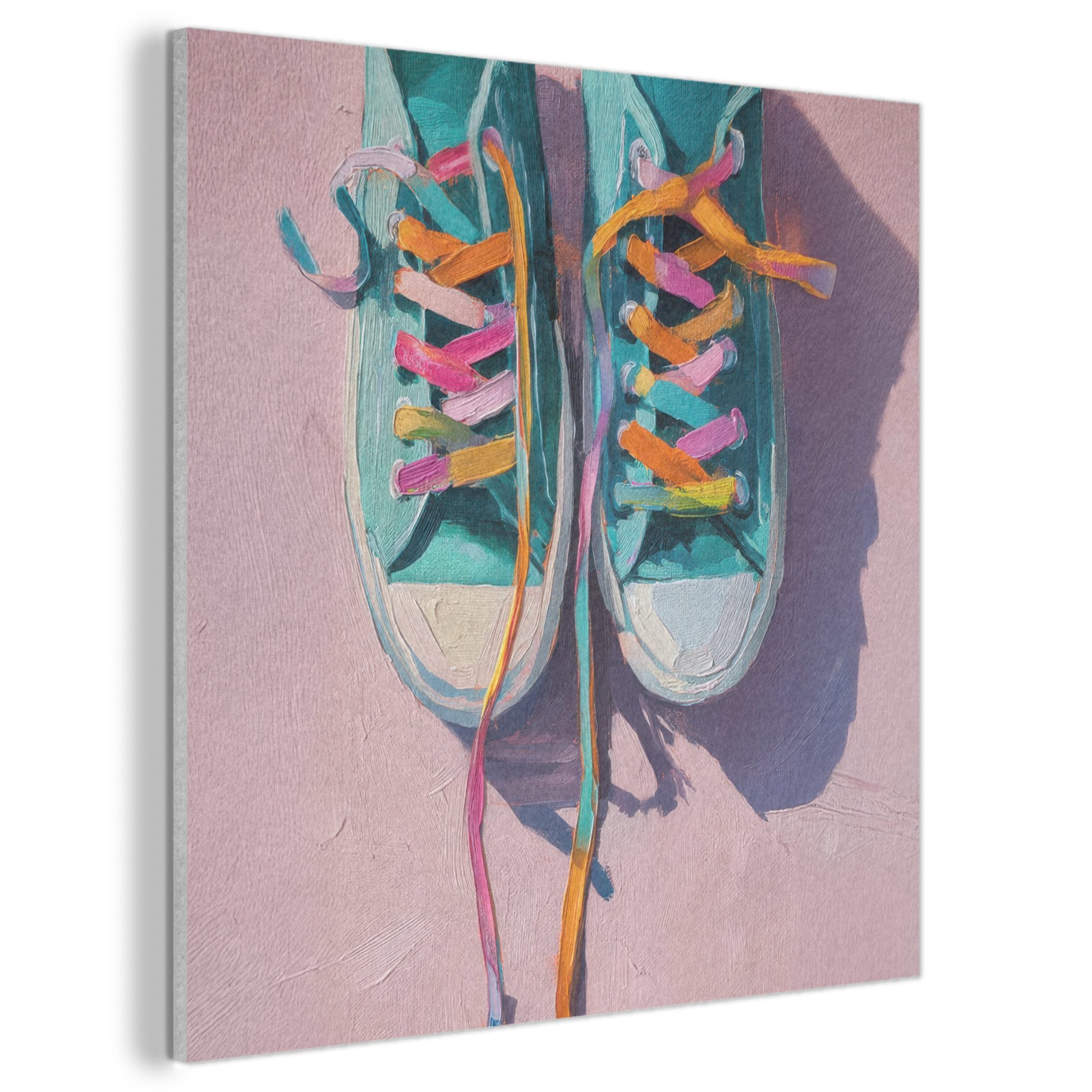 MuchoWow Gemälde Turnschuhe - Schnürsenkel - Bunt - Farbton, Fotodruck (1 St), Akustikbilder Schallabsorber, Wandpaneele, Akustikpaneele 50x50 cm