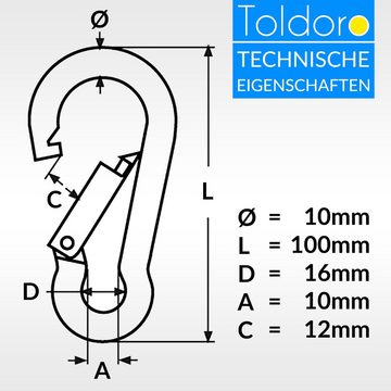 Toldoro Karabiner 10x Karabinerhaken 100mm Edelstahl V4A Karabiner Schnapphaken Feuerwehrkarabiner, (10 St), 10x Karabinerhaken 100mm Edelstahl V4A Karabiner Schnapphaken Feuerwehrkarabiner