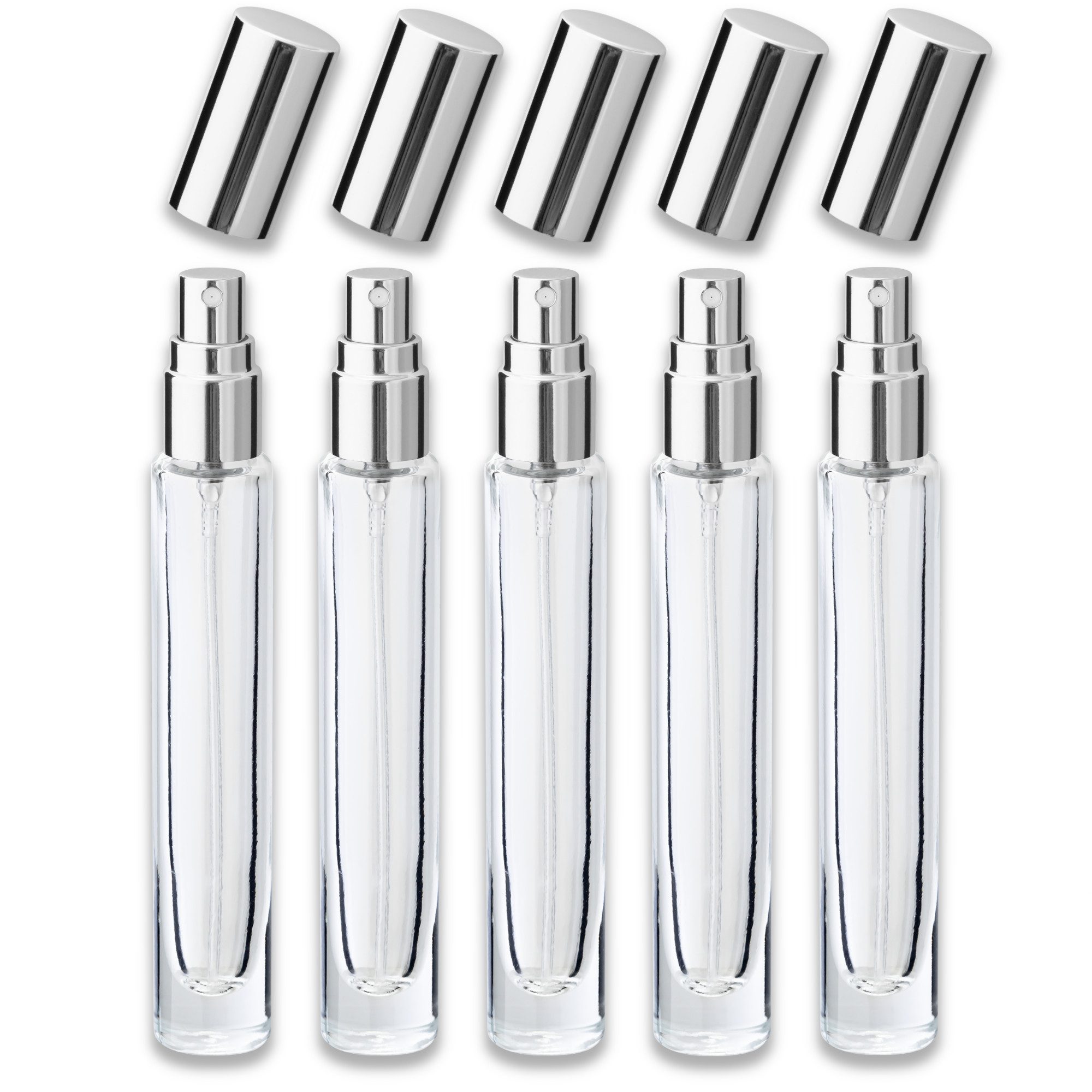 CK Verpackung GmbH Parfümzerstäuber 5x Glasflasche klar 10 ml rund mit silbernem Zerstäuber Parfümflakon (Set x5)