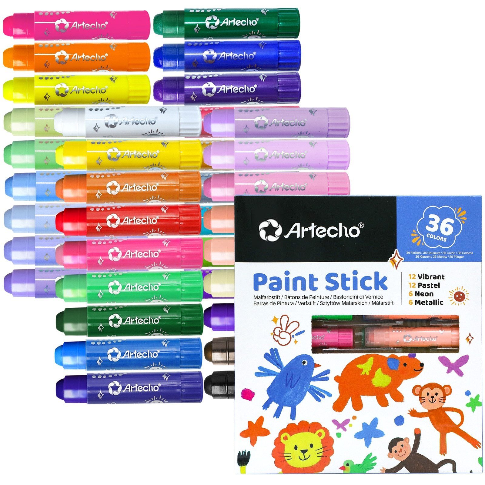 Artecho Malstift Temperastifte Set - 36 Farben inkl. Pastell, Neon & Metallic, Malfarbstifte - Leuchtend, schnell trocknend, sauber & flexibel