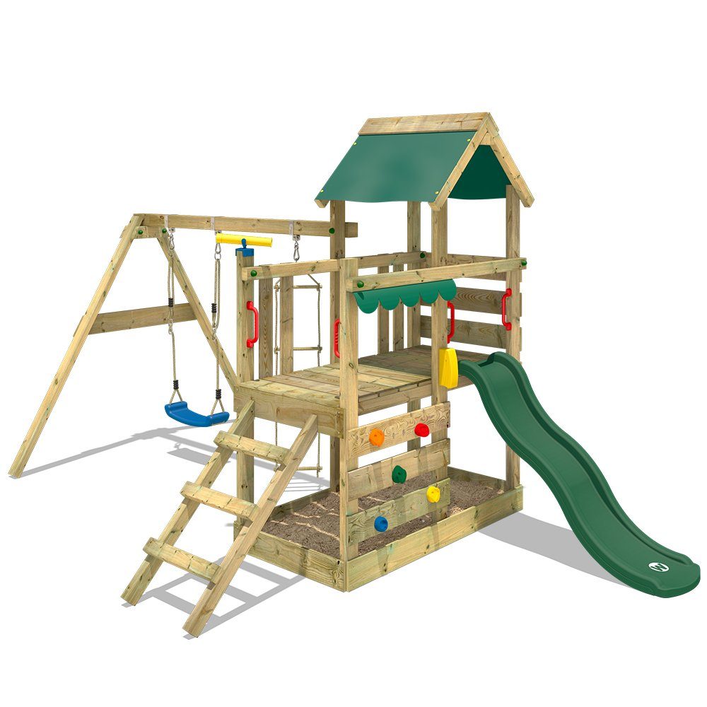 WICKEY Stelzenhaus Spielturm TinyCabin mit Schaukel grüner Rutsche & Plane 