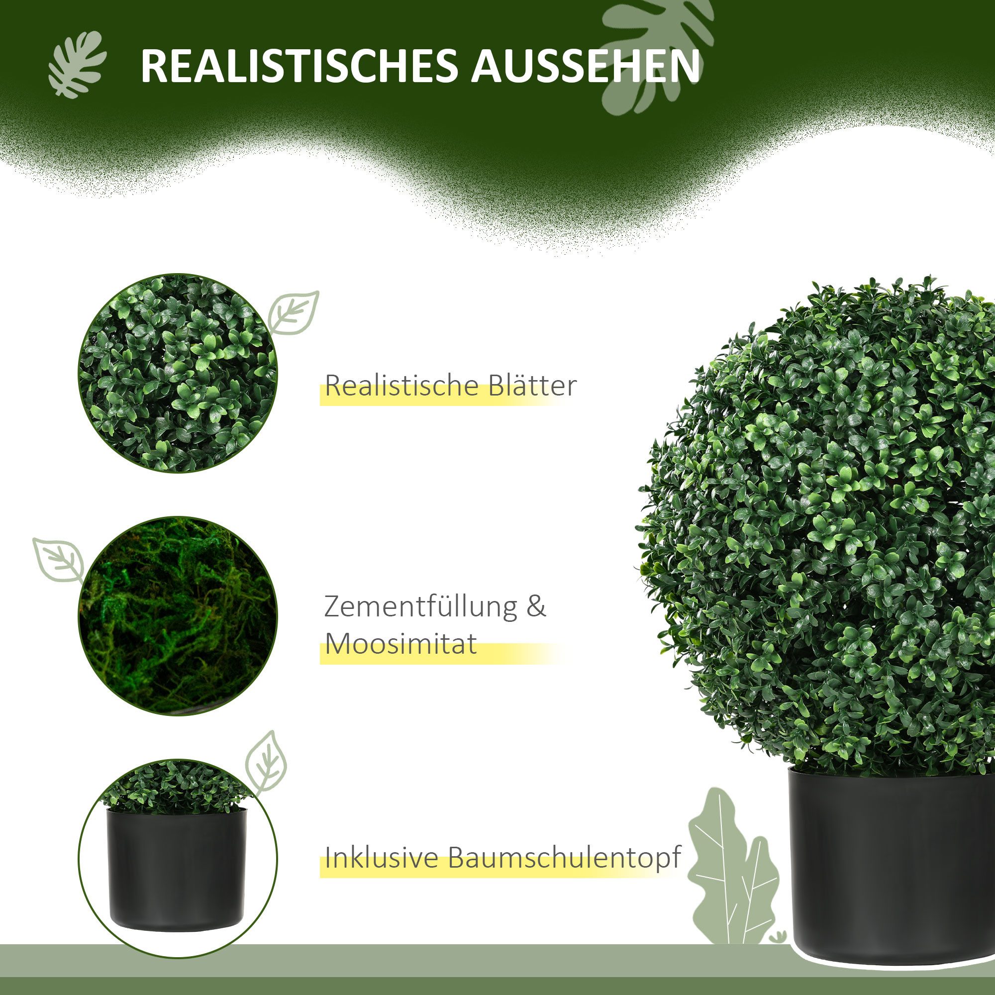 Kunstpflanze 2er Set Runde Fake Plant, Pflanzen wie echt mit UV Schutz Buchsbaum, HOMCOM, Höhe 52 cm, für Innenbreich, Grün – Bild 5 von 5