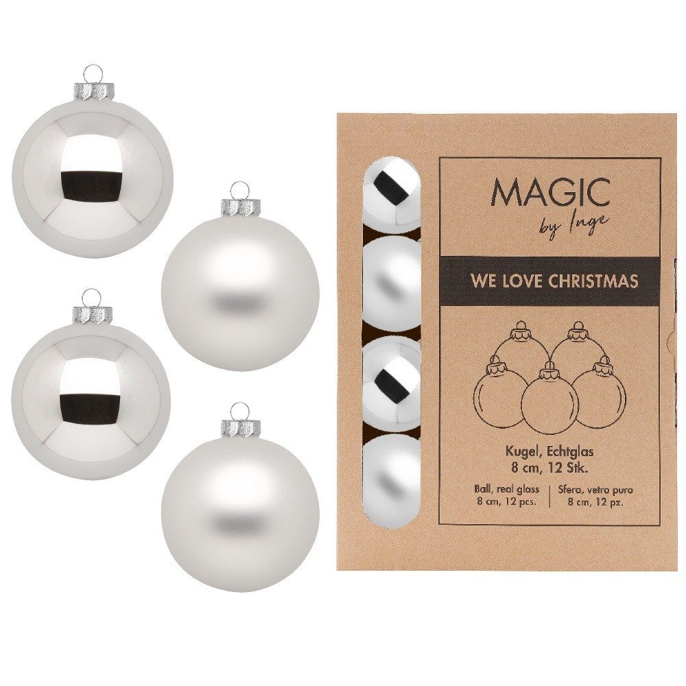 MAGIC by Inge Weihnachtsbaumkugel, Weihnachtskugeln Glas 8cm 12 Stück - Frosty Silver