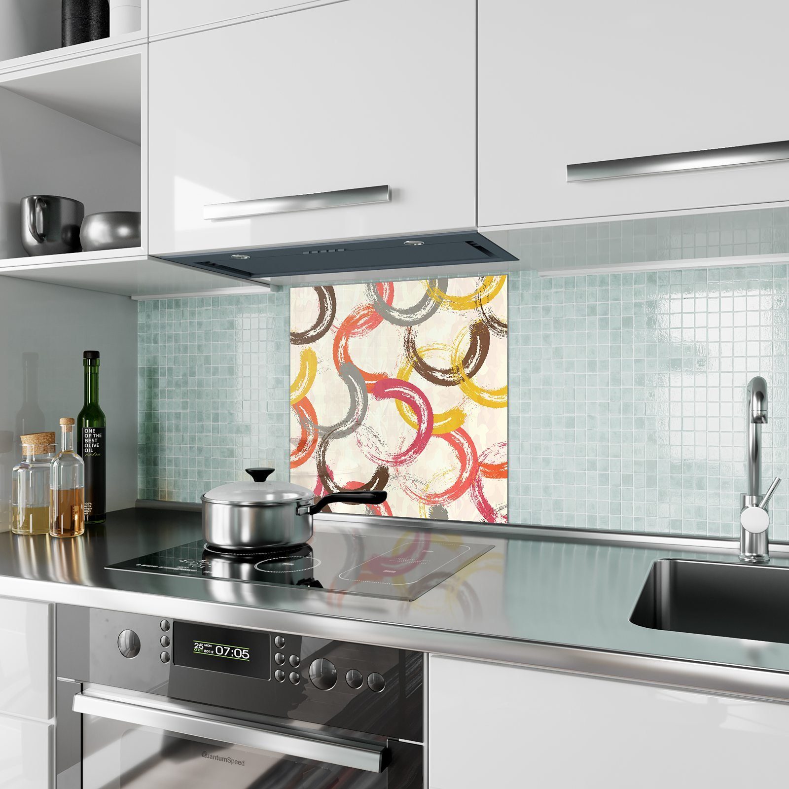 Motiv Küchenrückwand mit Glas Primedeco Kreise Küchenrückwand ineinander Spritzschutz