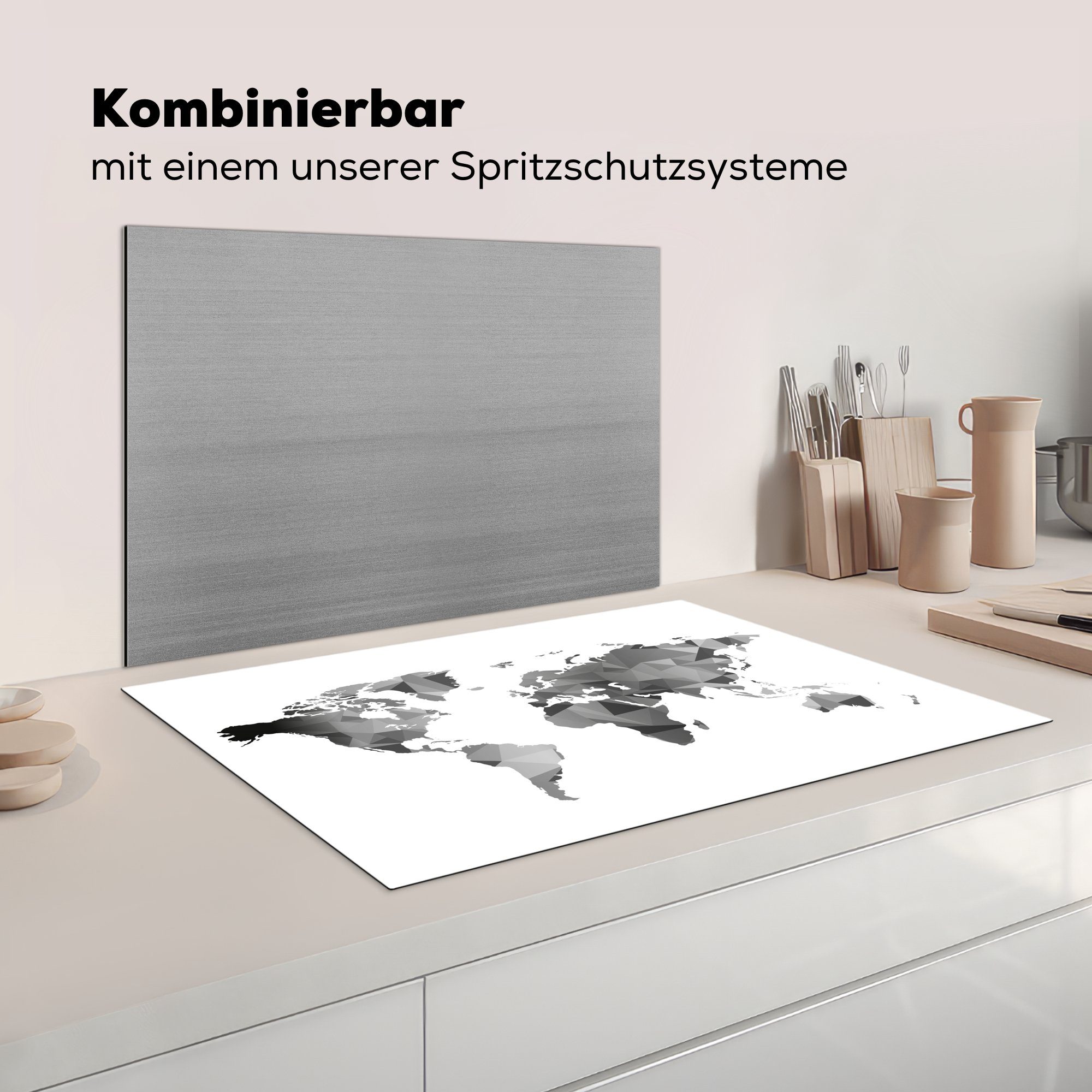 MuchoWow Herdblende-/Abdeckplatte Weltkarte - Schutz für die - Kinder Induktionskochfeld tlg), Ceranfeldabdeckung küche, - cm, (1 - - 81x52 Mädchen, Vinyl, Grau Weiß Schwarz