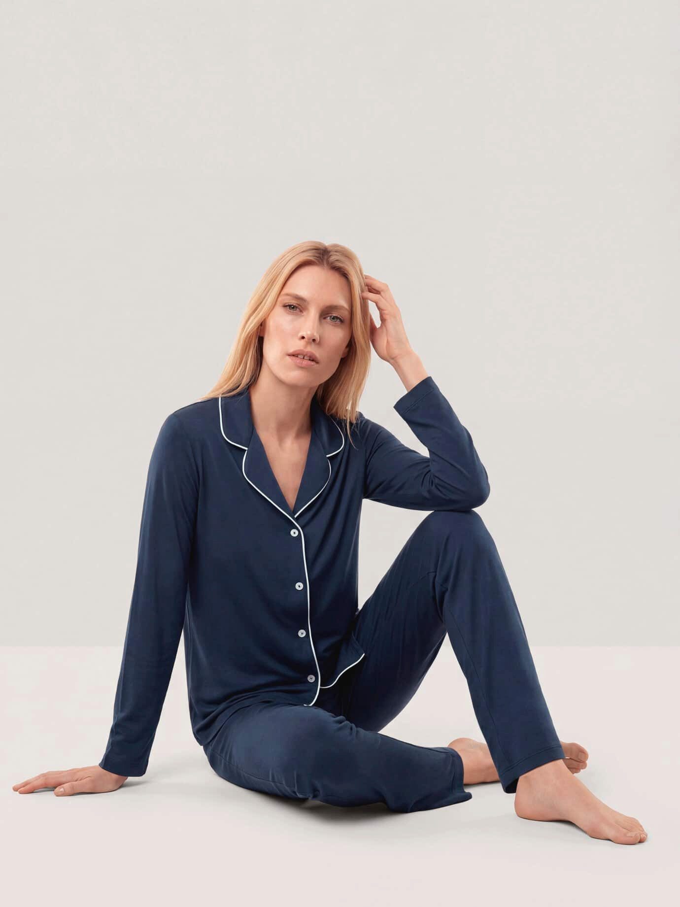 Walbusch Pyjama Damen Pyjama aus Modal Jersey Reverskragen Langarm, modern, pflegeleicht