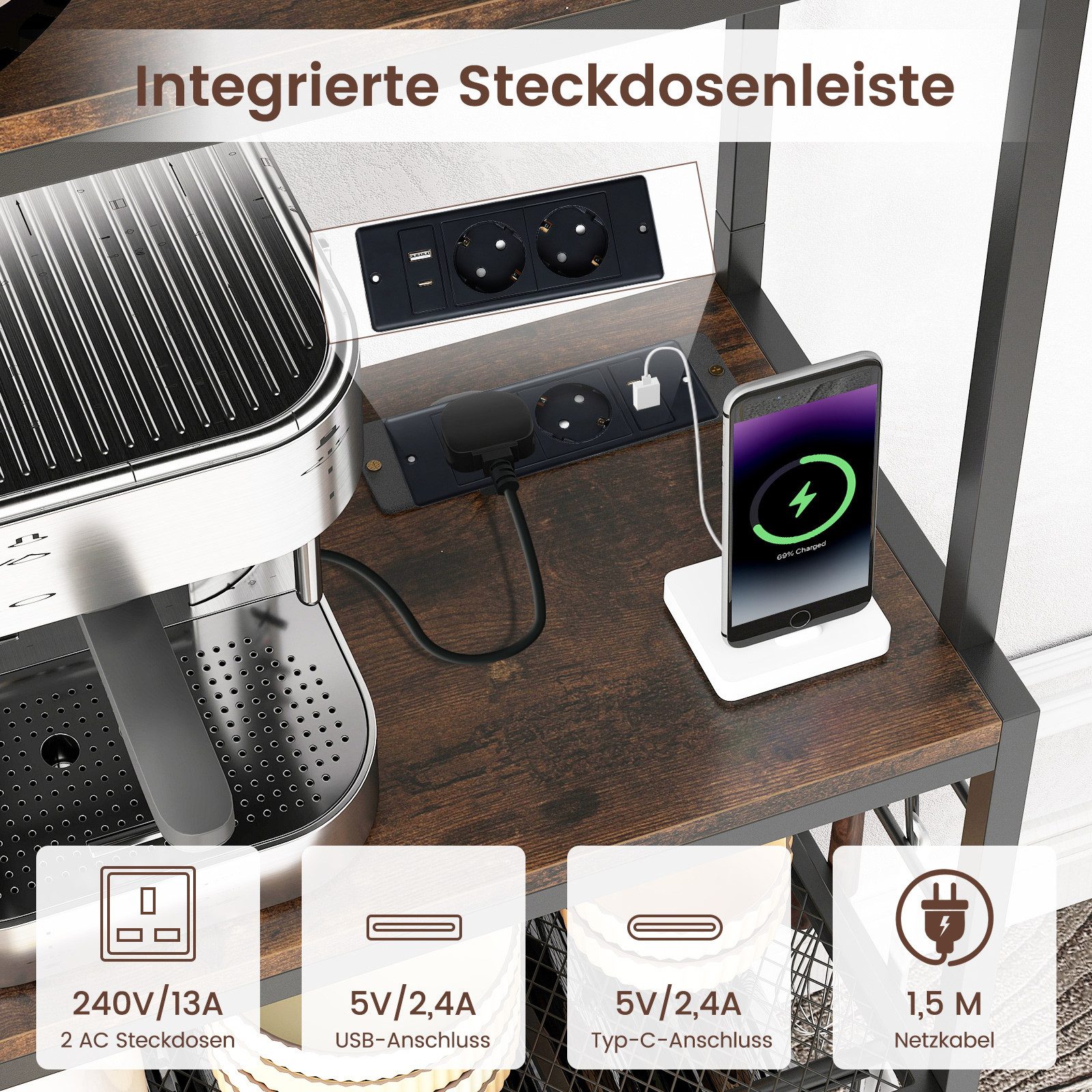 COSTWAY Weinregal, Küchenregal mit Steckdose Bäckerregal Metall