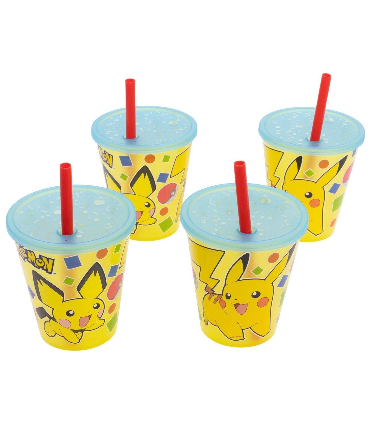 POKEMON JUEGO DE CARTAS Becher Kinder Becher Set 4 teilig 285 ml Becher mit Trinkhalm, 4-tlg.