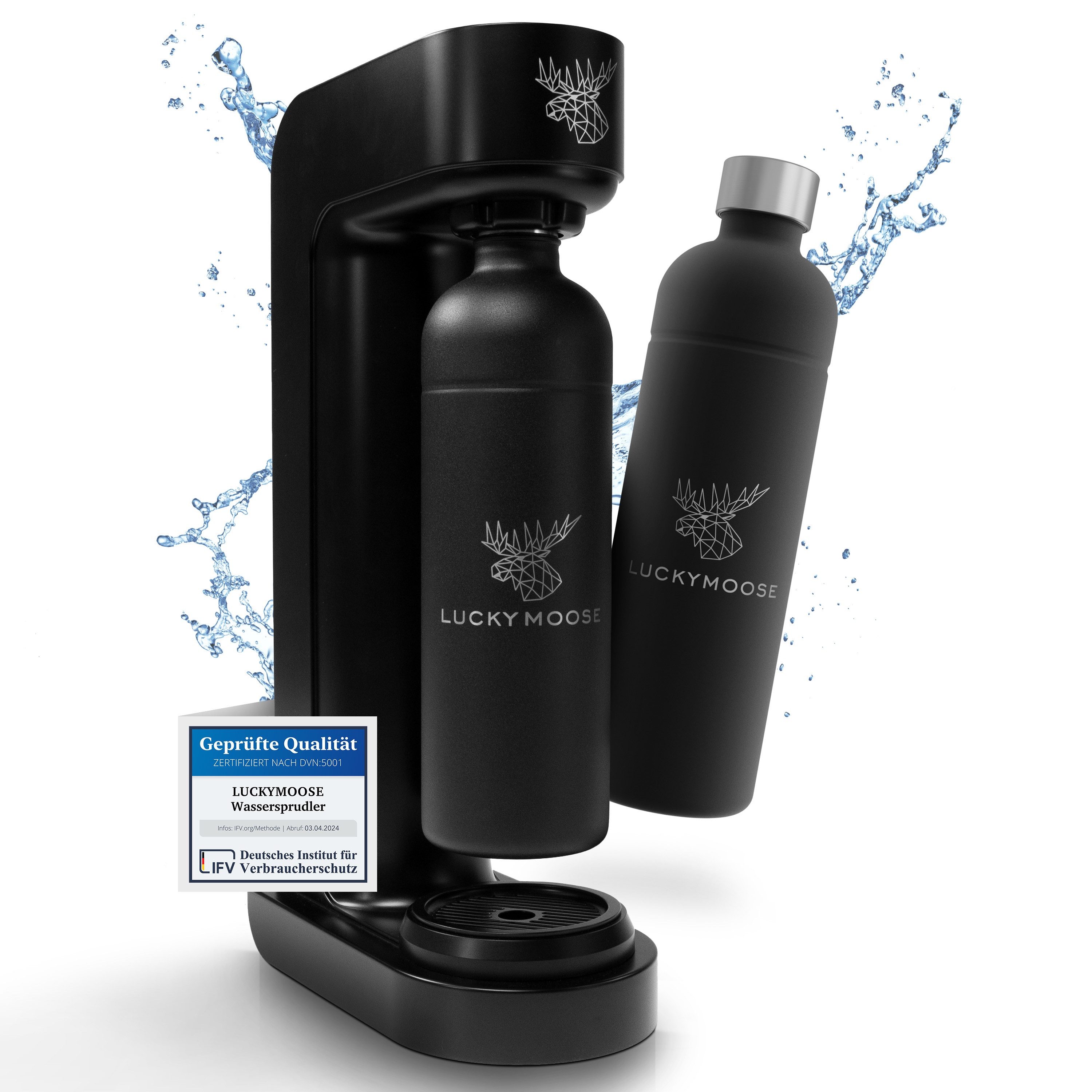 Luckymoose Wassersprudler Infinity mit 2x 1,25L spülmaschinenfesten Edelstahlflaschen, (2x Schwarz-tlg), Spart bis zu 25% CO2, Flaschen spülmaschinenfest & ohne Ablaufdatum