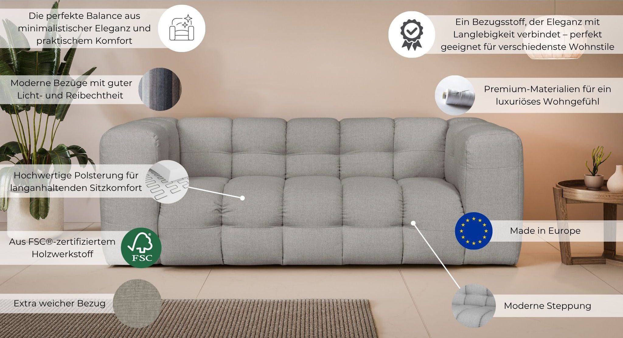 LeGer Home by Lena Gercke 3-Sitzer TALISHA Designersofa, moderne Steppung, Maße B/T/H: 229/110/75 cm, aufwendig gepolstert, hoher Sitzkomfort