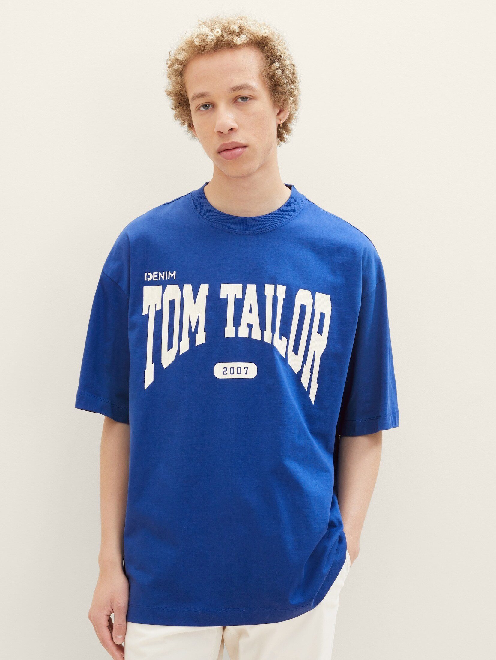 TOM blue T-Shirt Oversized TAILOR mit Denim royal shiny Print T-Shirt