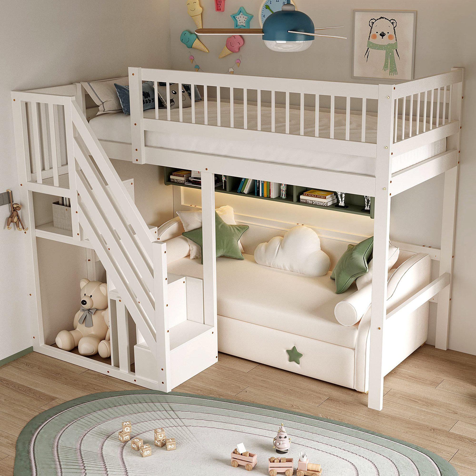 Flieks Hochbett Massivholz Einzelbett Kinderbett 90x200cm mit Stauraumtrepp günstig online kaufen