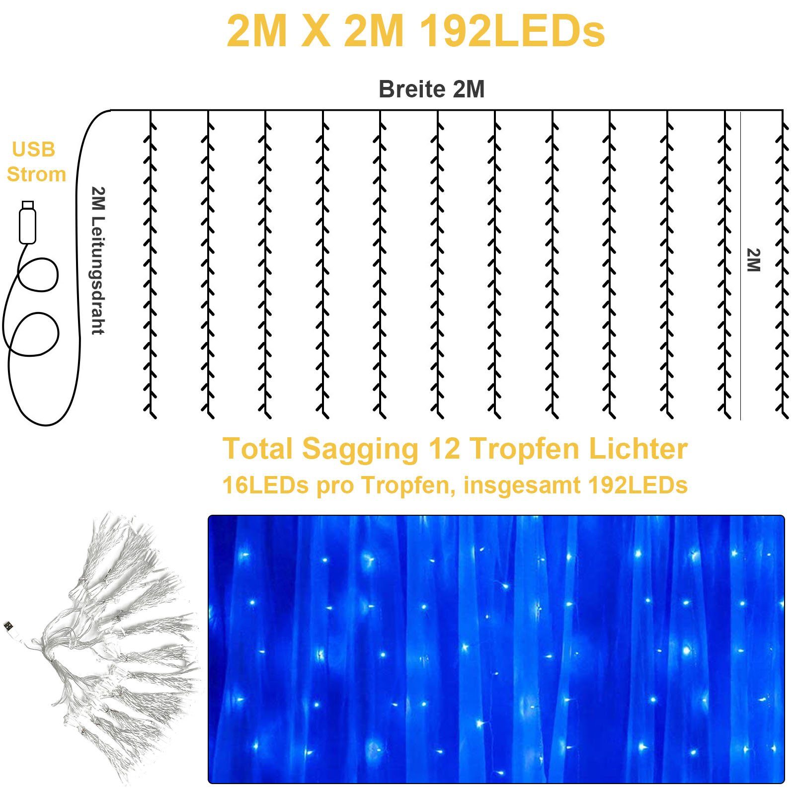 Rosnek LED-Lichtervorhang Blau Schlafzimmer 2x2M, Weihnachten für Fenster wasserdicht, USB, Deko Wand