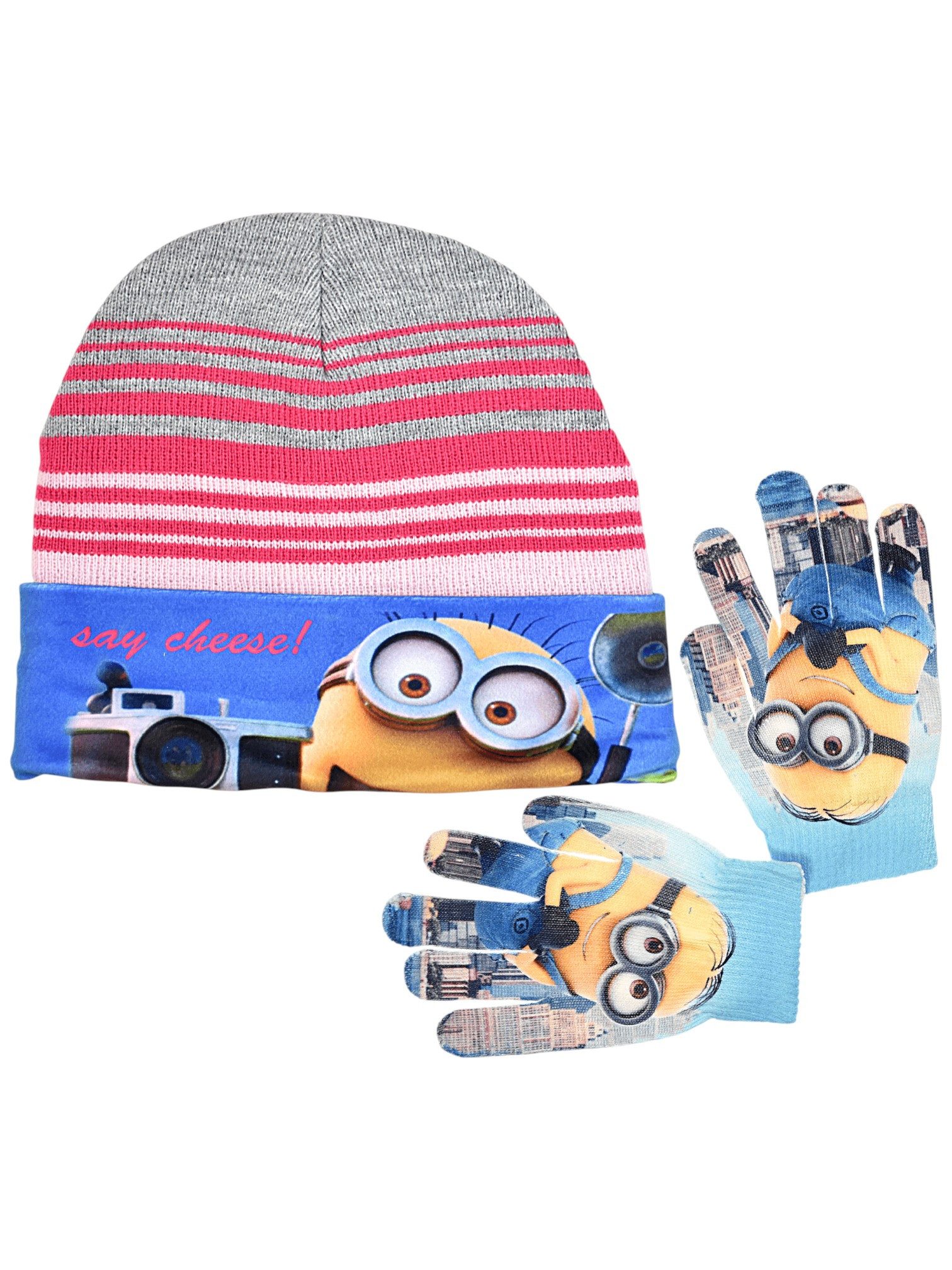Minions Strickmütze mit Minions Motiv (2-St) Set mit Handschuhen - Wintermütze für Mädchen Gr. 52,54 cm