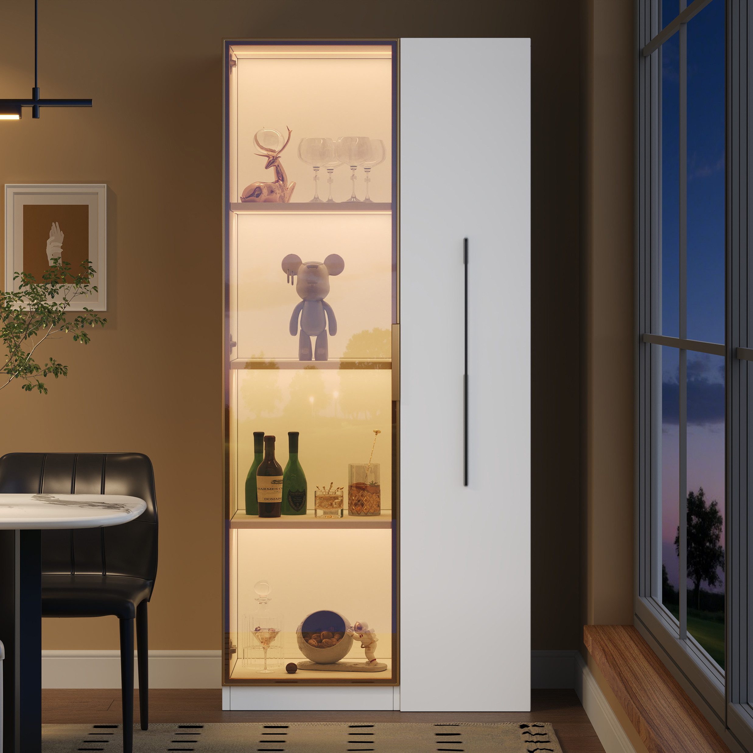 Flieks Glasvitrine Hochschrank mit LED-Beleuchtung, Glastüren und seitliche Schublade (70x40x160 cm, 1-St., Schublade mit Rollen) Mehrzweckschrank Vitrineschrank mit 4 Fächern und Ablagen Weiß