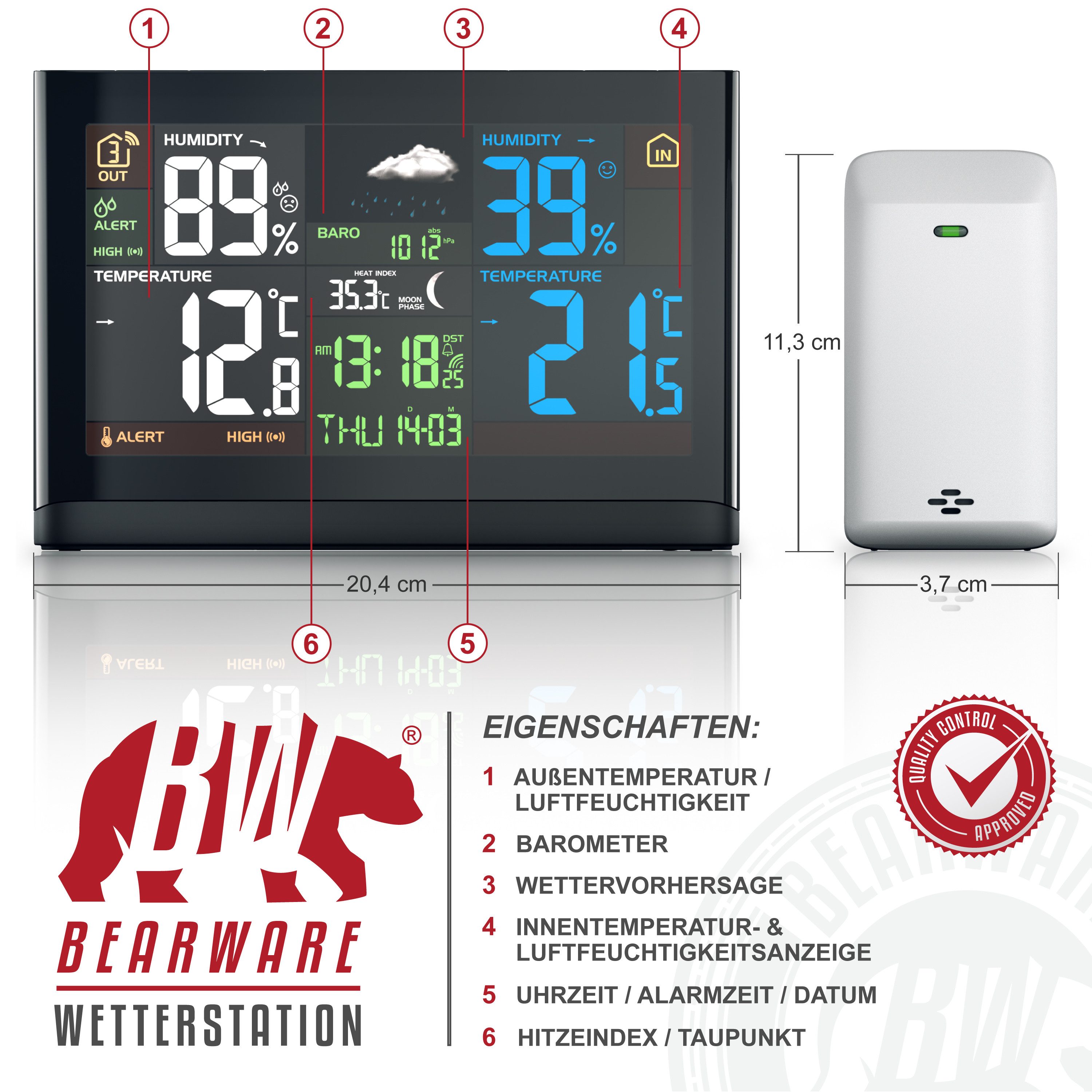 BEARWARE Funk Wetterstation, Luftdruck, Temperaturtrend & Wetterprognose, LCD Wetterstation (mit Außensensor, DCF Empfangssignal Funkuhr, Innen- und Außentemperatur, Barometer)
