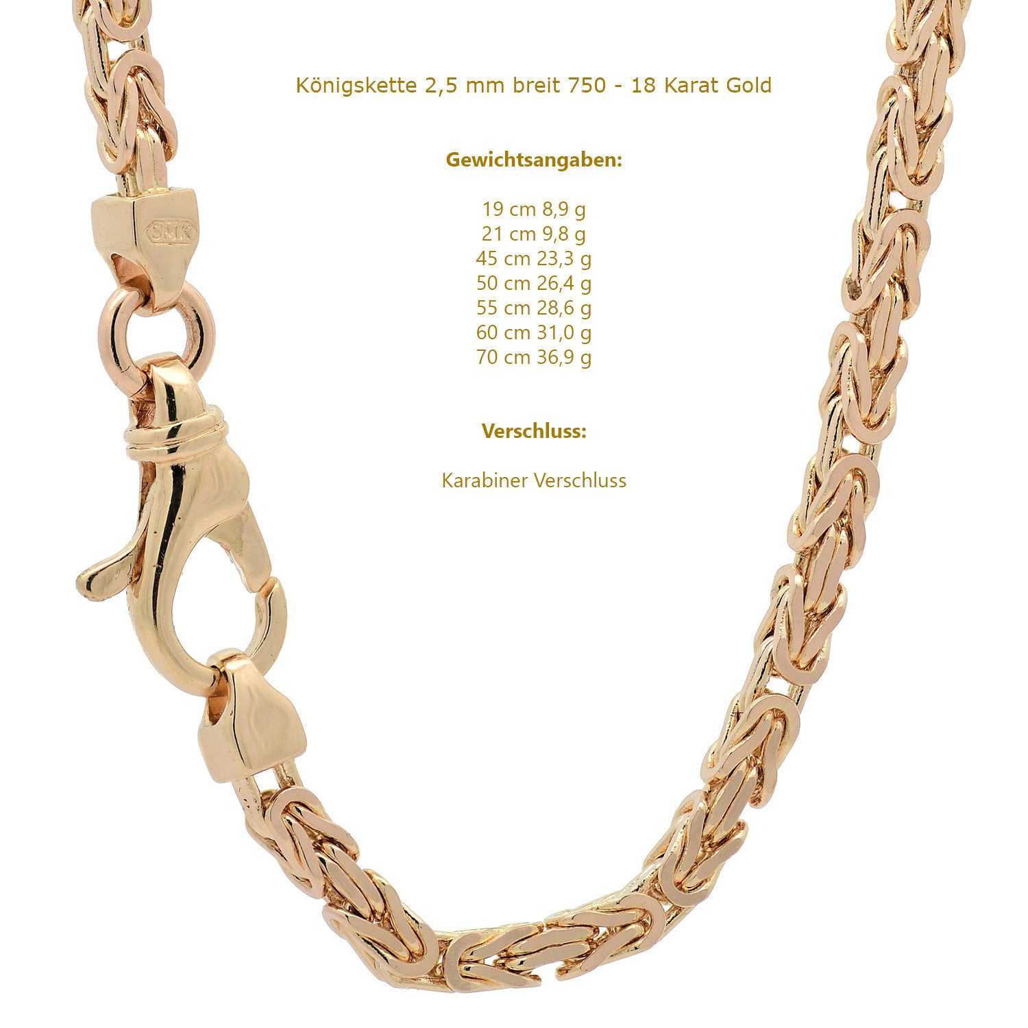 HOPLO Königskette Königskette Armkette Länge 19 cm - Breite 2,5 mm - 750-18 Karat Gold, Made in Germany
