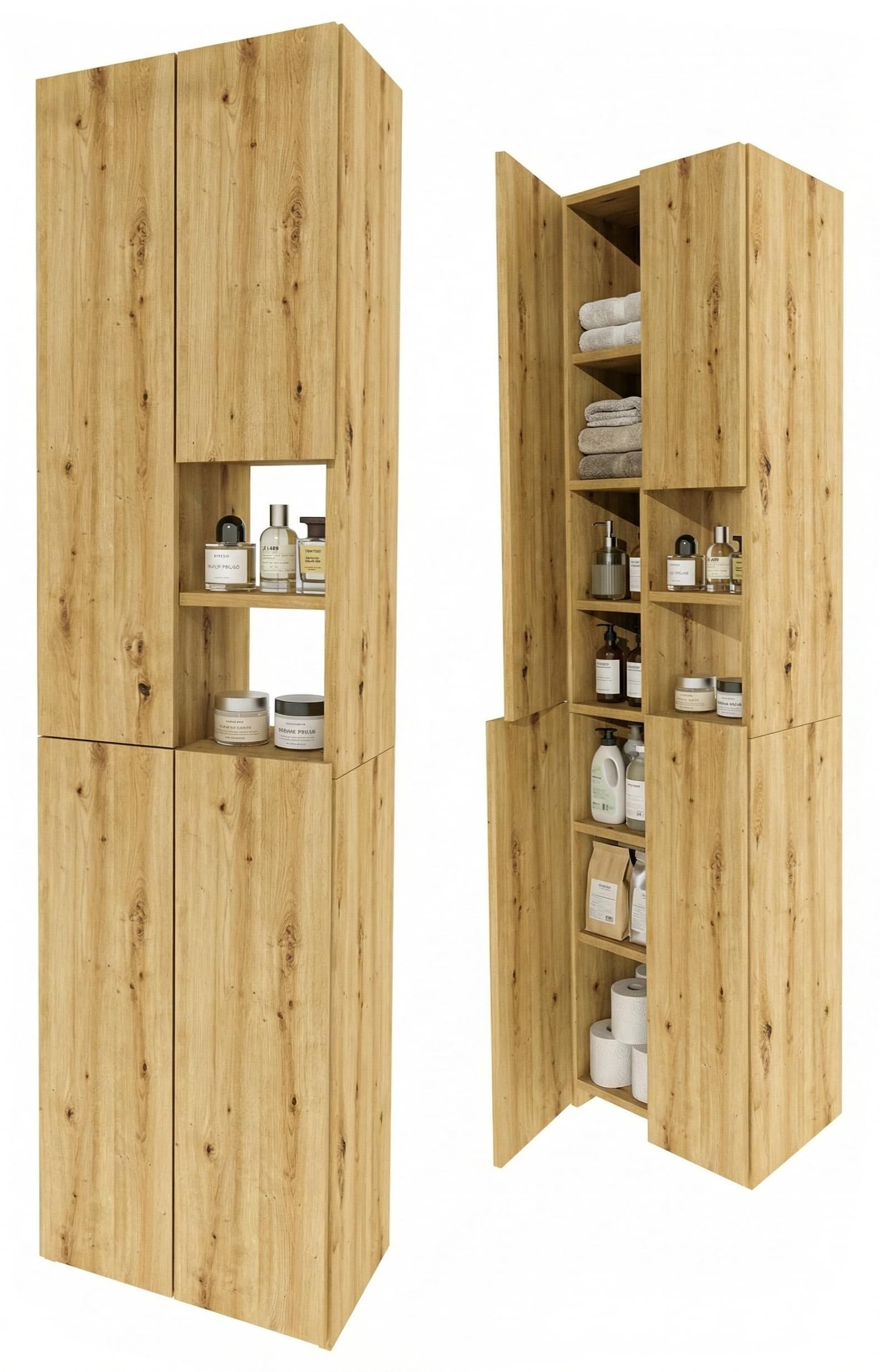 TREND WERK Hochschrank Badschrank schmal stehend B45 x T26,5 x H180 cm (Schmaler Badezimmerschrank mit Regalfächern & Stauraum) Holzoptik, offene & geschlossene Fächer, Standregal Bad, platzsparend