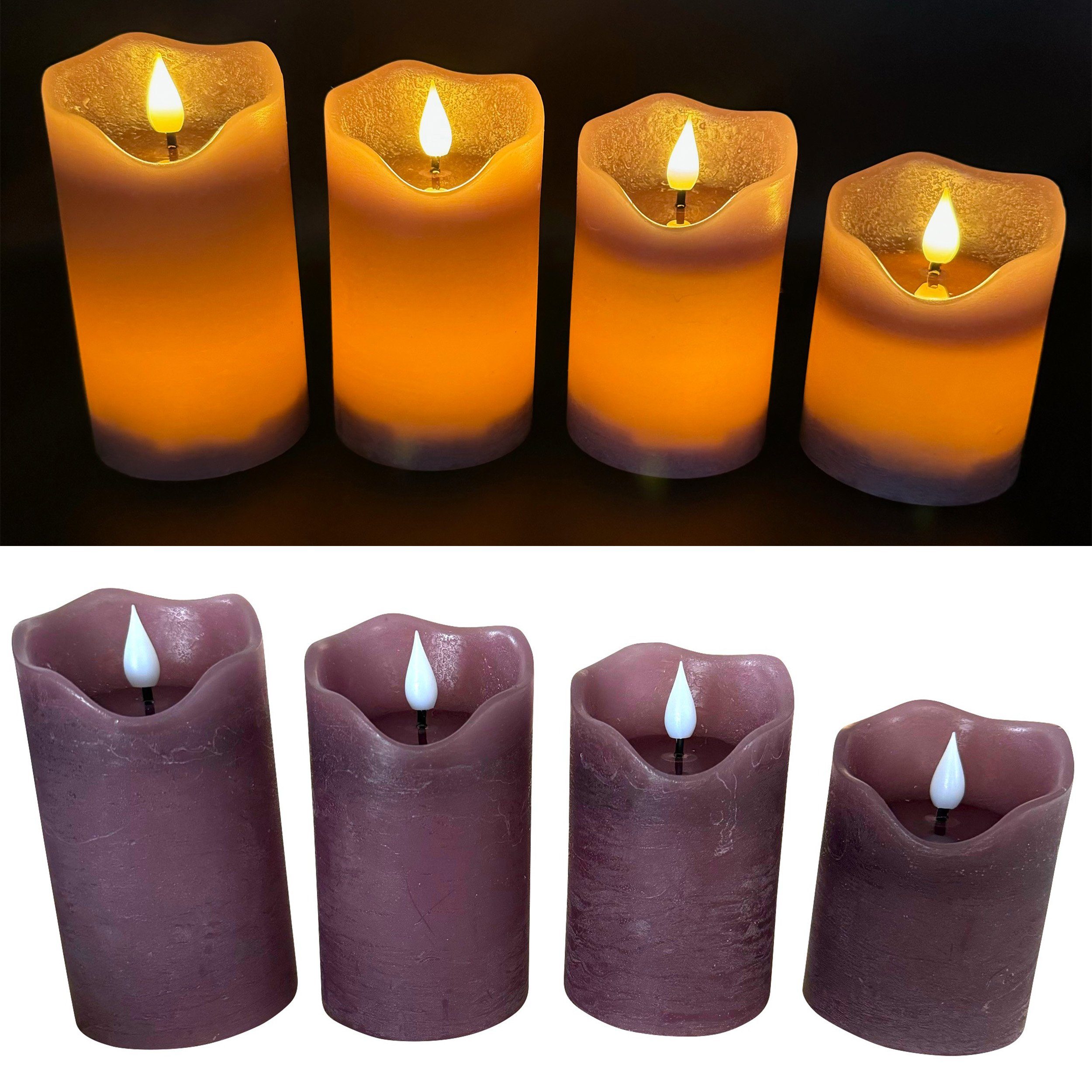 Online-Fuchs LED-Kerze 4 LED Kerzen im Set mit Dimmer, Timer und Fernbedienung - (Spiegelnde Flamme mit Docht), Creme, Rot, Grün, Lila, Altrosa