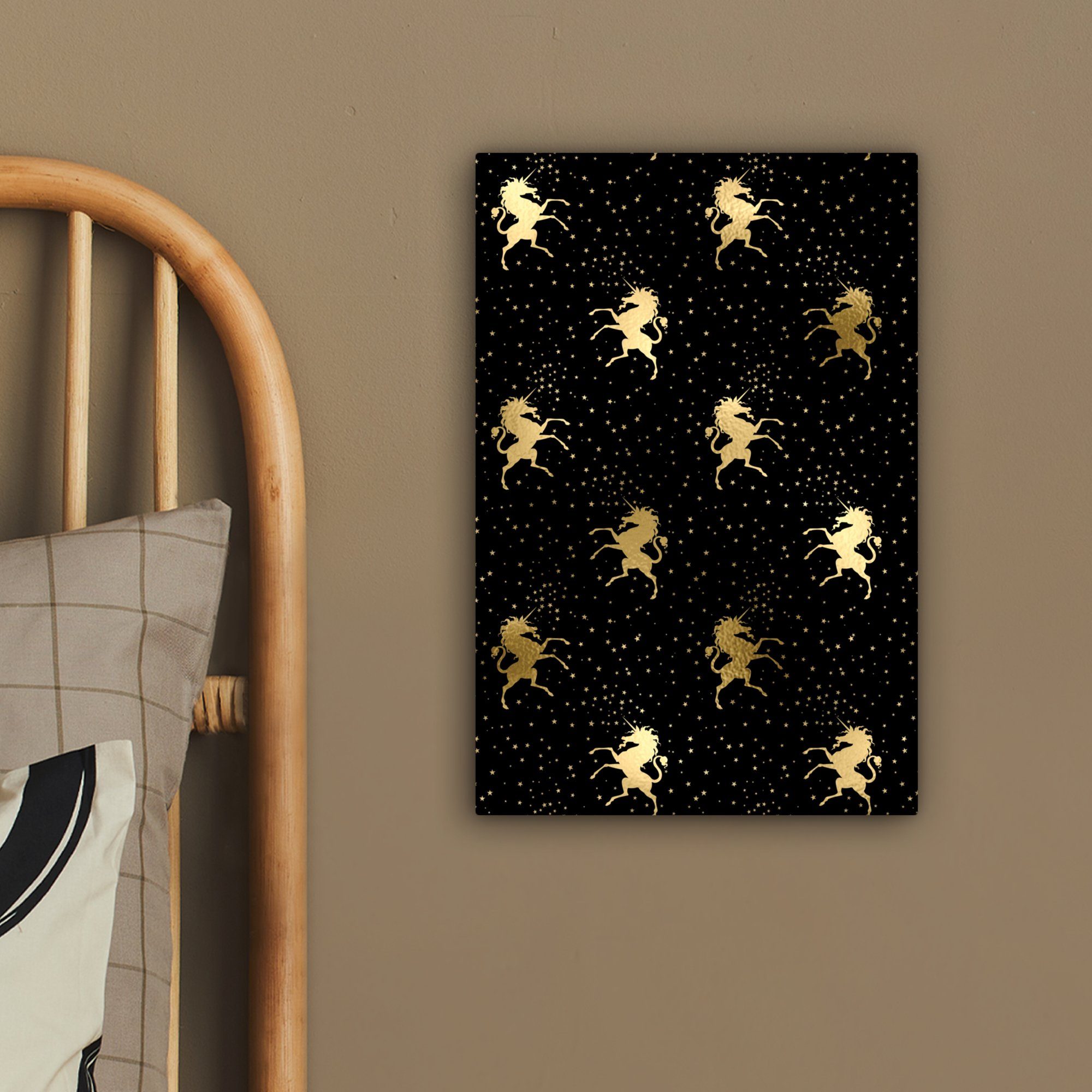 OneMillionCanvasses® Leinwandbild Gemälde, (1 bespannt Muster 20x30 - fertig inkl. St), Gold, - Einhorn Zackenaufhänger, cm Leinwandbild