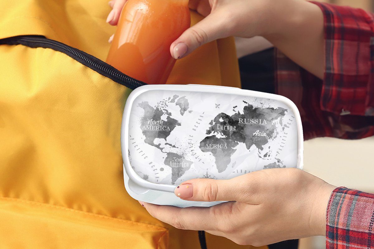 MuchoWow Lunchbox Weltkarte - Schwarz Mädchen Kunststoff, Brotbox (2-tlg), Erwachsene, für für Ölfarbe, Brotdose, Jungs und Kinder weiß und 