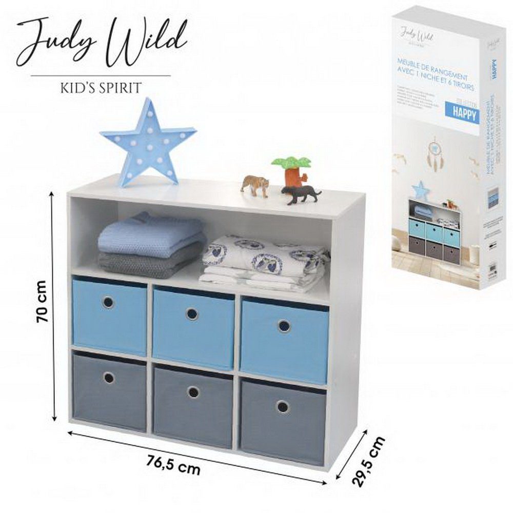 Judy Wild Schubkastenkommode Kinder-Kommode Schublanden weiß-grau-blau mit Holzregal, Kinder-Regal Kinderregal Boxen farbigen