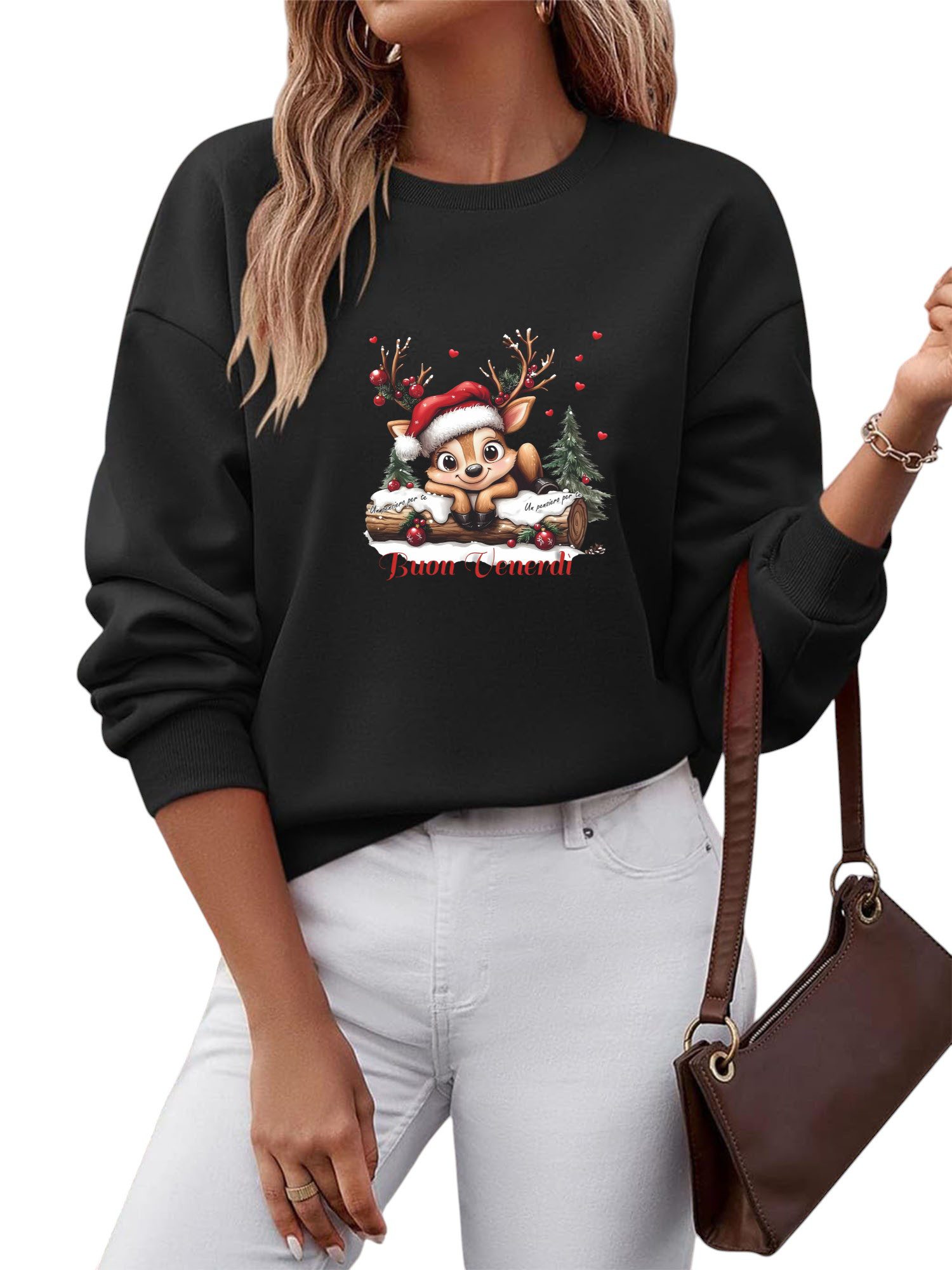 PYLIKE Fleecepullover Damen Rundhals Sweatshirt mit Elch Print, Lockerer Fl günstig online kaufen