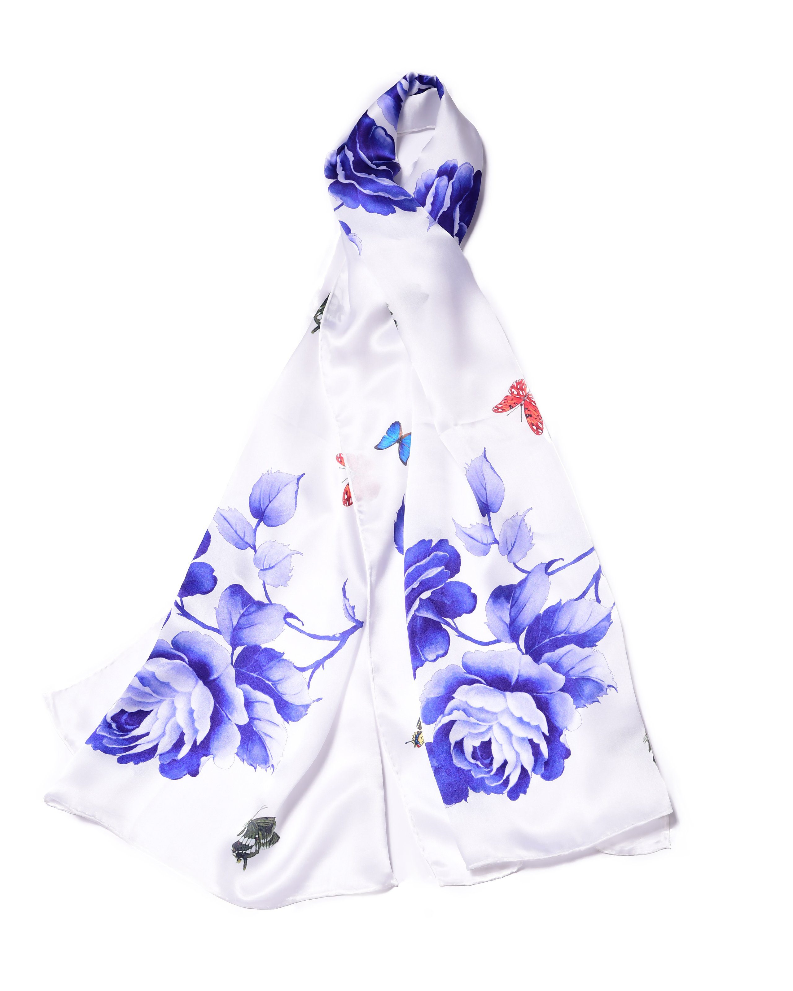 MayTree Seidenschal Rose Blau, 55 x 175 cm, leichter Damen-Schal, alljährig, (Stück), Seidentuch 100% Seide