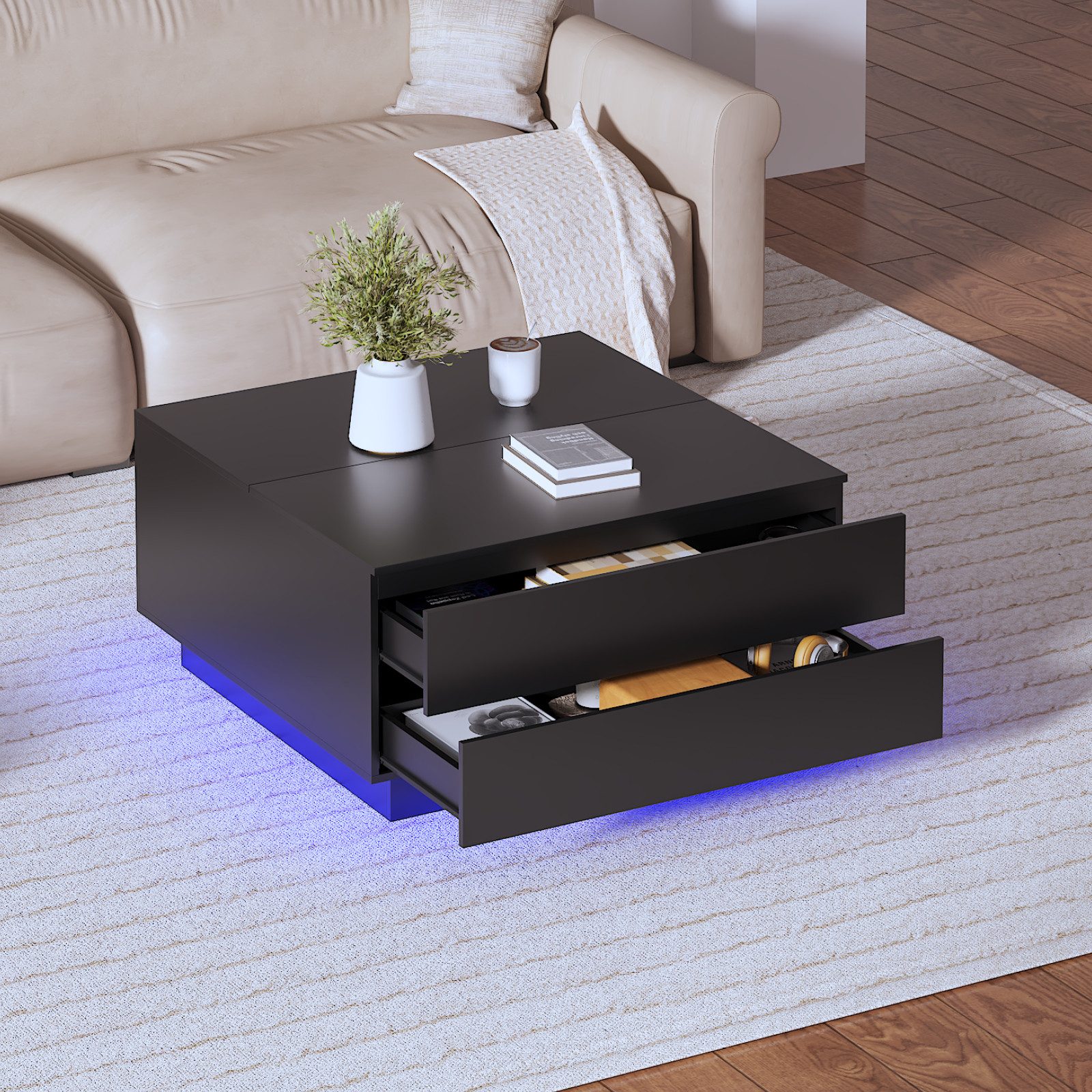 radelldar Couchtisch mit 2 Schubladen und aufklappbarer Tischplatte, 78x78x40cm (1-St), Wohnzimmertisch Beistelltisch mit LED-Beleuchtung