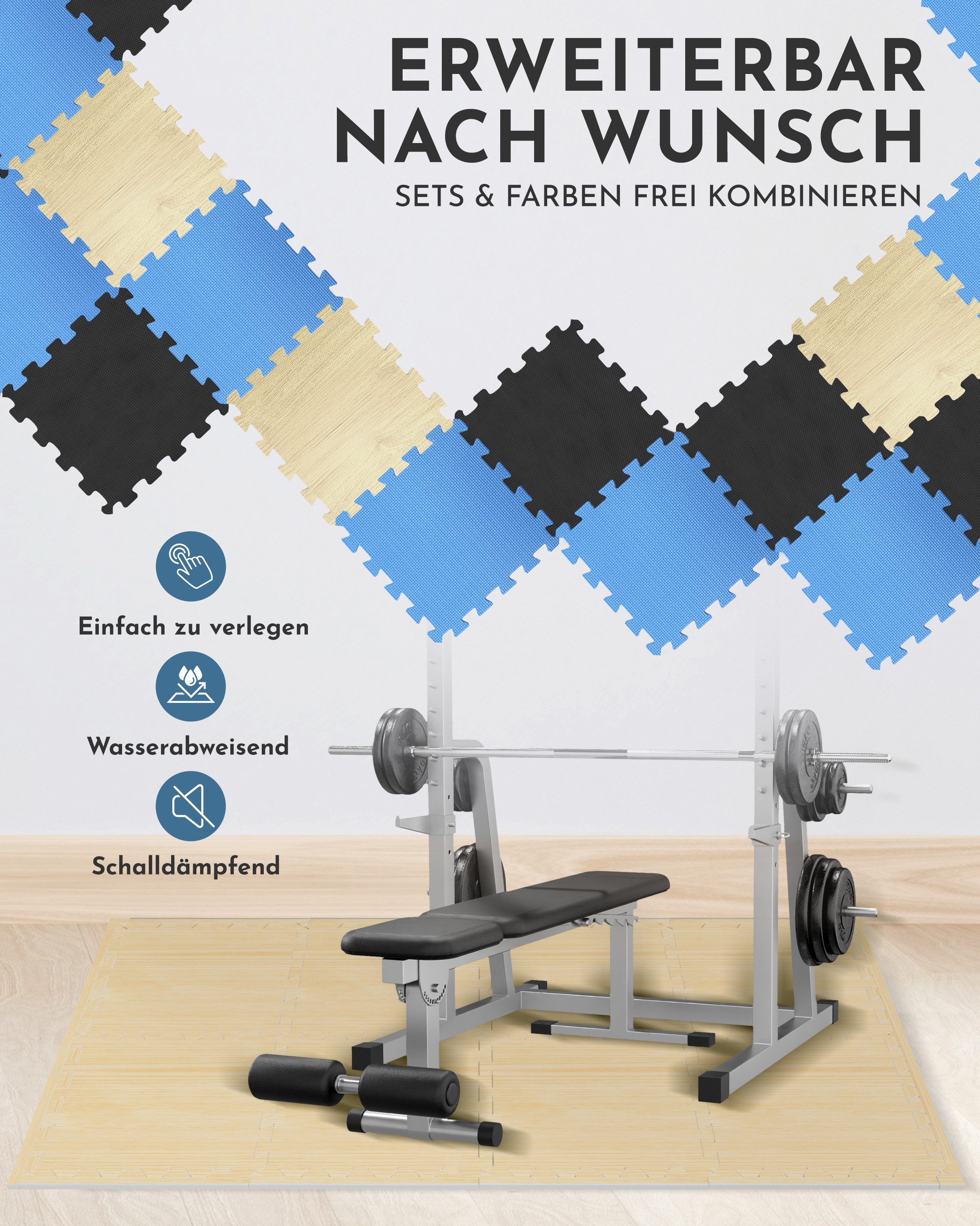 NEOLYMP Bodenmatte Robuste Bodenschutzmatte - Fitness - Schutzmatte Boden - Fitnessmatte (18 Puzzlestücke inkl. Randteile, 18 Schutzmatten Boden inklusive Rands – Bild 5 von 5