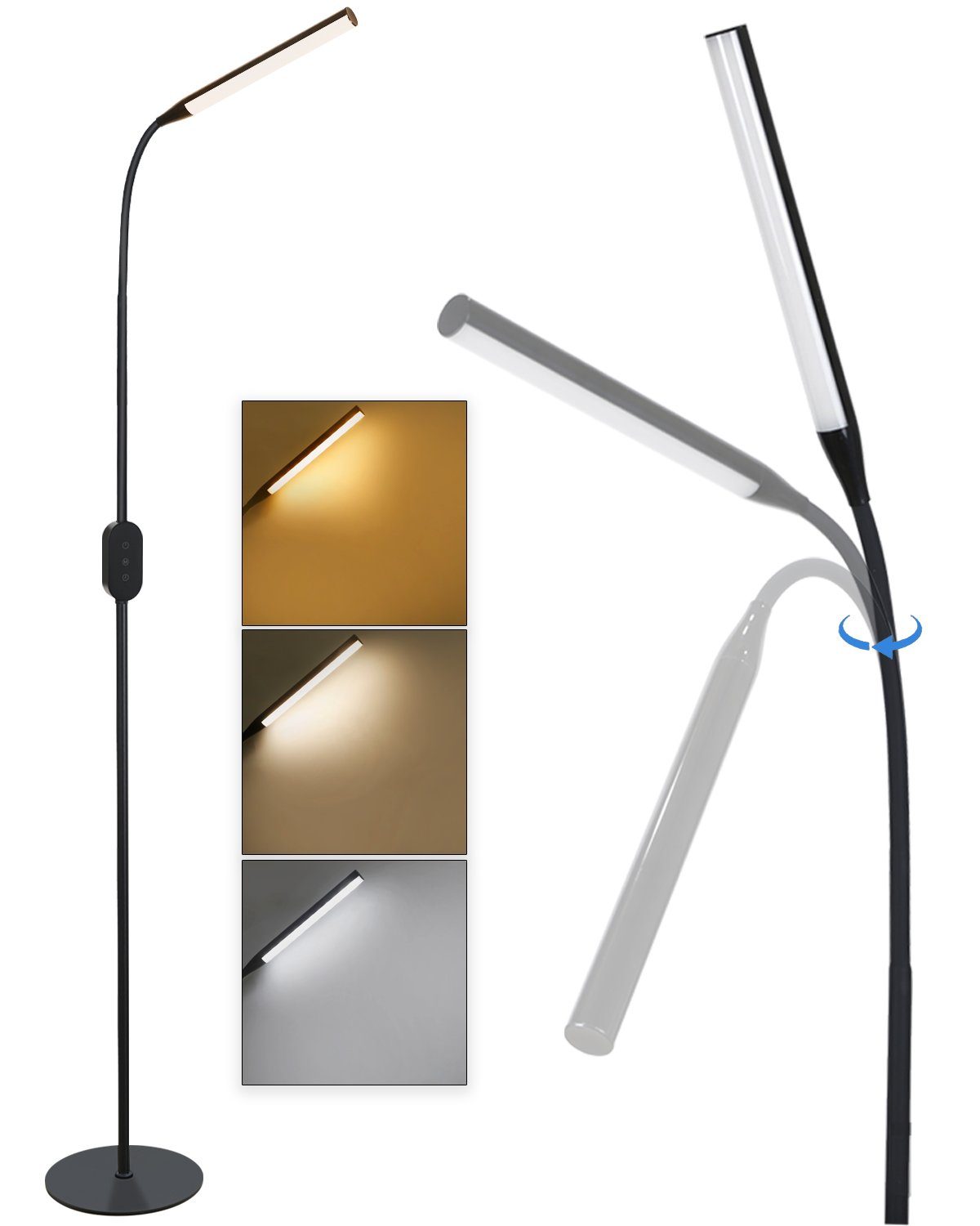ZMH LED Stehlampe Leselampe Modern Dimmbar 178CM Metall mit Timer für Schlafzimmer Büro, dimmbar, LED fest integriert, 3000-6500k, schwarz