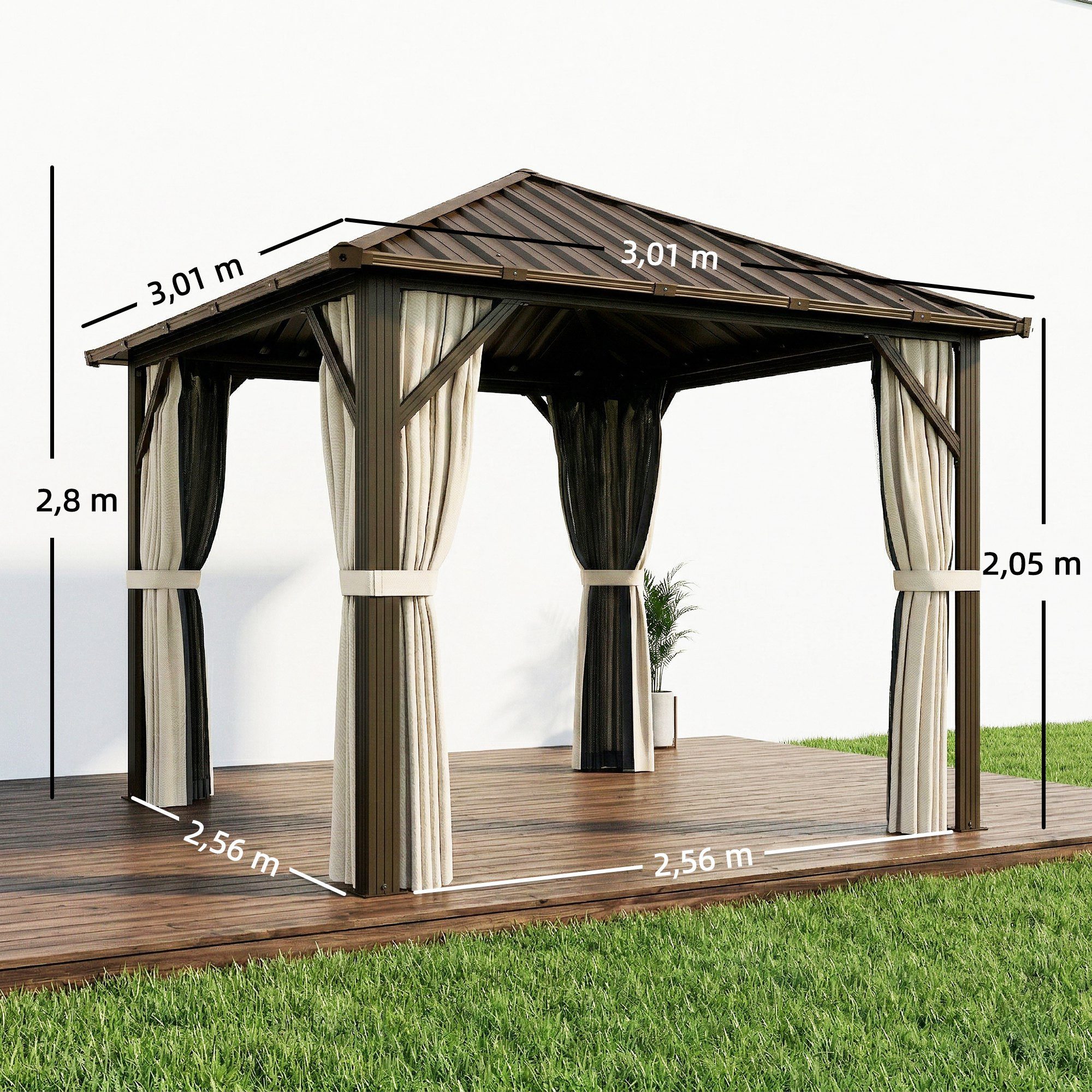 Outsunny Pavillon mit Stahldach, Hardtop, Moskitonetz, 4 Seitenteile, mit 4 Seitenteilen, (Gartenpavillon, Pergola), für Garten Terrasse Braun
