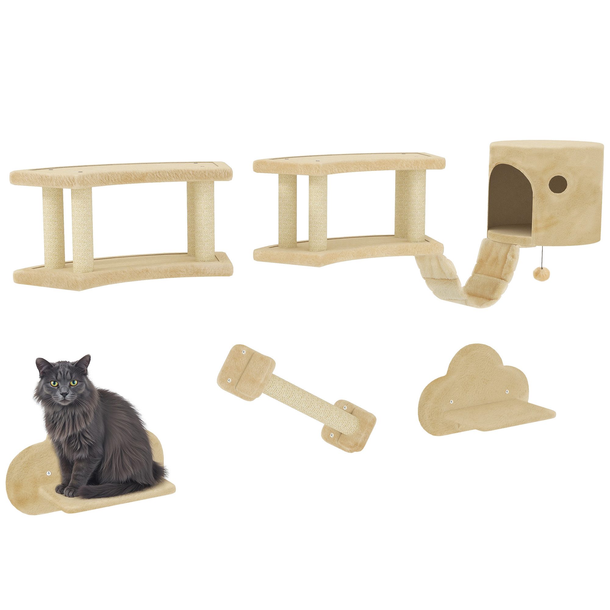 PawHut Katzen-Kletterwand mit Kratzstamm, Sprungplattformen, Leiter, Haus, günstig online kaufen