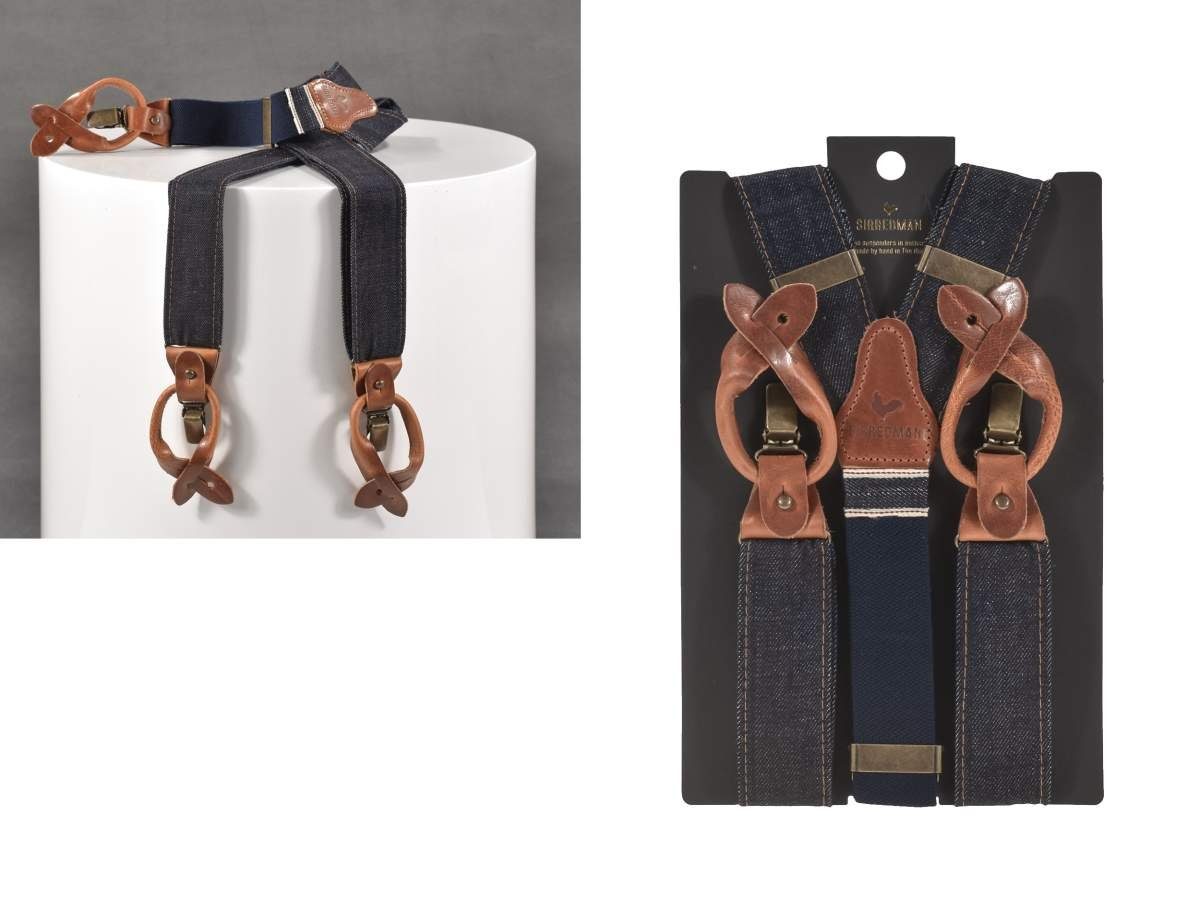 Sir Redman Hosenträger "Candiani" Denim Holländer Y-Form, 35mm Trägerbreite, 130cm lang, blau mit cognac