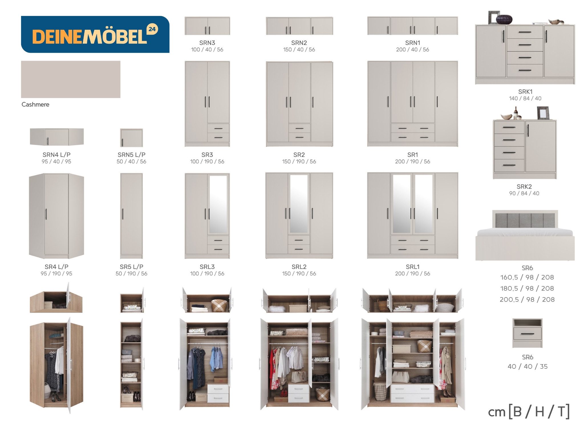Deine Möbel 24 Kleiderschrank SAM SRL1 mit Spiegel, 4-türig, Schubladen, Farbe Cashmere (Set, 6-St., 200 cm Stauraum) Drehtürenschrank 200 cm breit mit Spiegeltür für Schlafzimmer Flur
